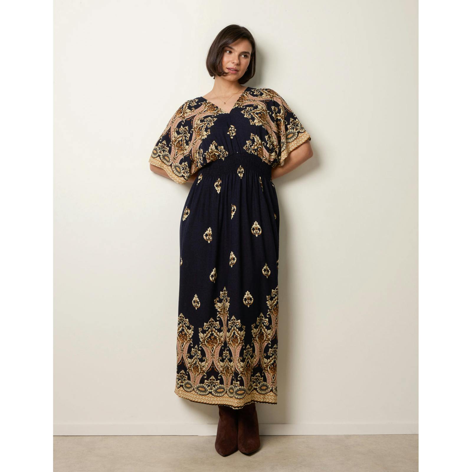 Blue Vanilla Border Print Kimono Dress - M - Navy