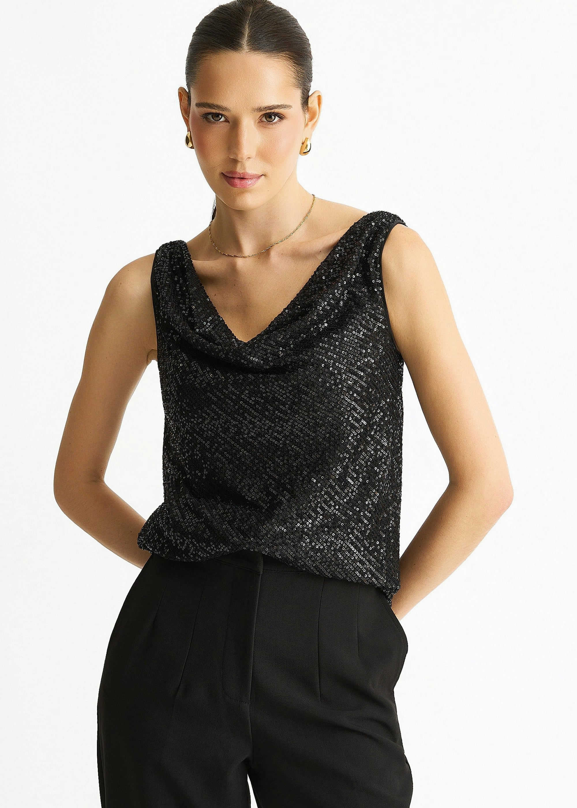 Gini London Women's Black Sequin Cowl Neck Cami Top Size 8 - Image 3