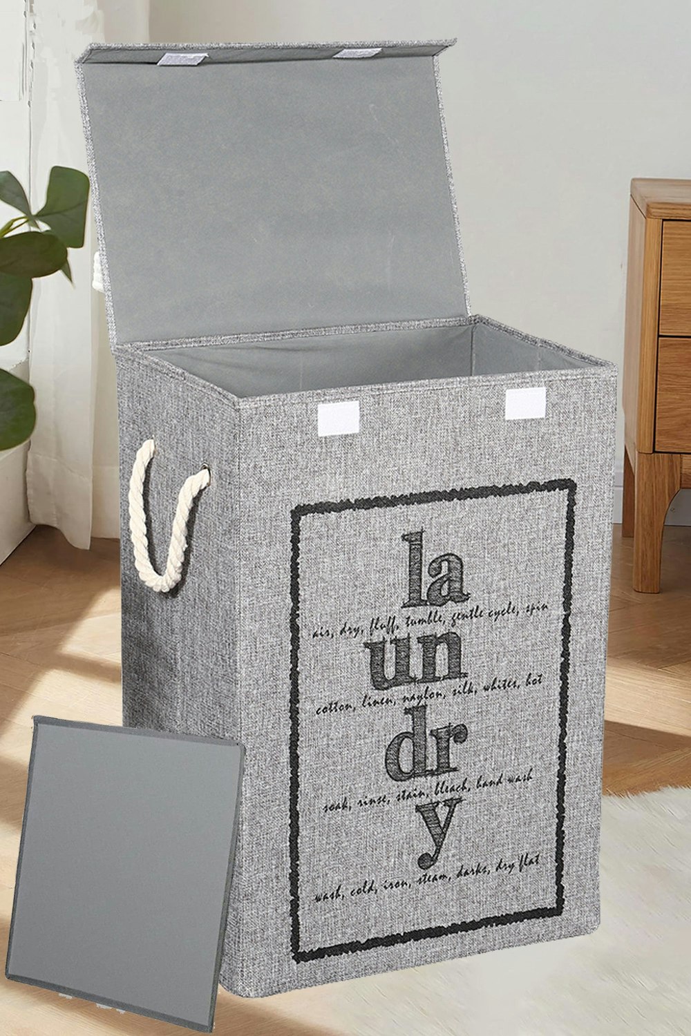 Living And Home Grey 72L Foldable Home Laundry Baskets Bathroom Hamper With Lid And Rope Handles