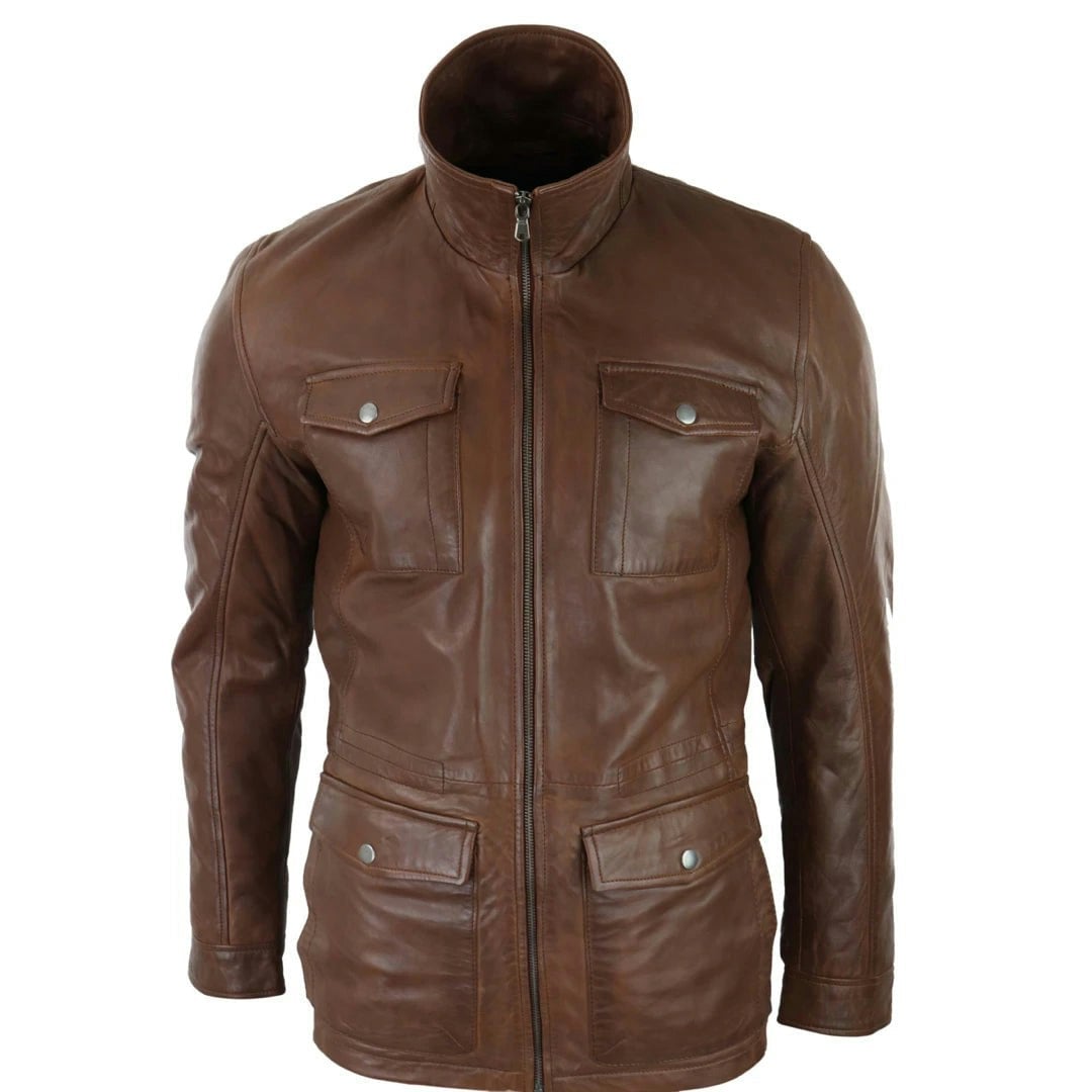Infinity Leather Men's Brown Leather Company Tan 3/4 Jacket Leather Safari Hunting Country Coat Classic - X-Large