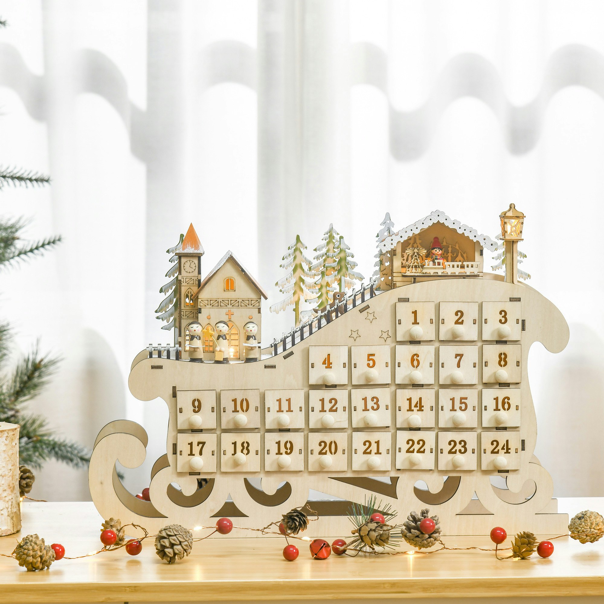 Homcom Christmas Village Advent Calendar With Countdown Drawer - Natural Wood - Image 3