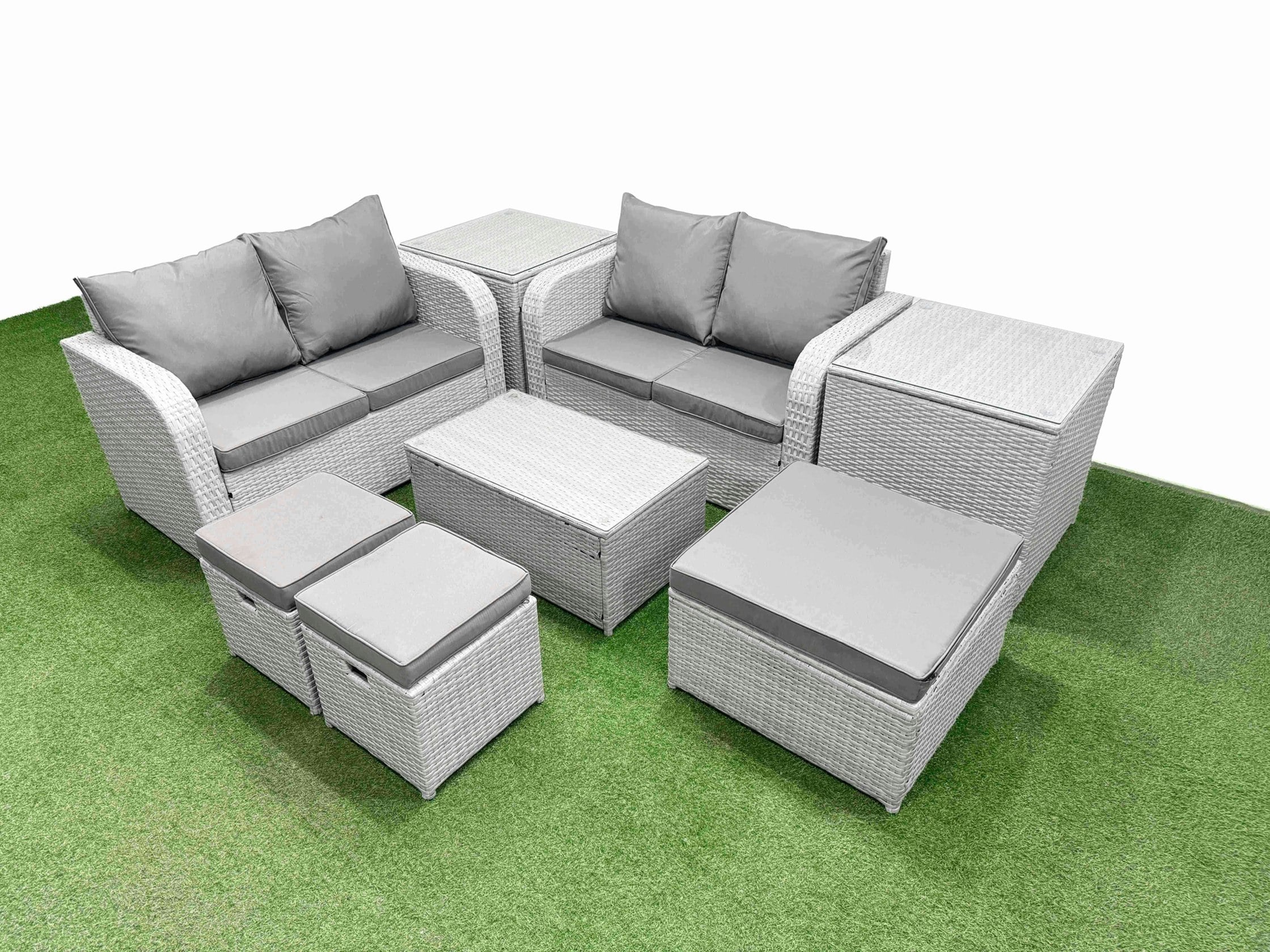 Fimous Light/Grey 7 Seater Outdoor Love Sofa Set Rattan Garden Furniture Set With Rectangular Coffee Table 3 Footstool 2 Side Tables
