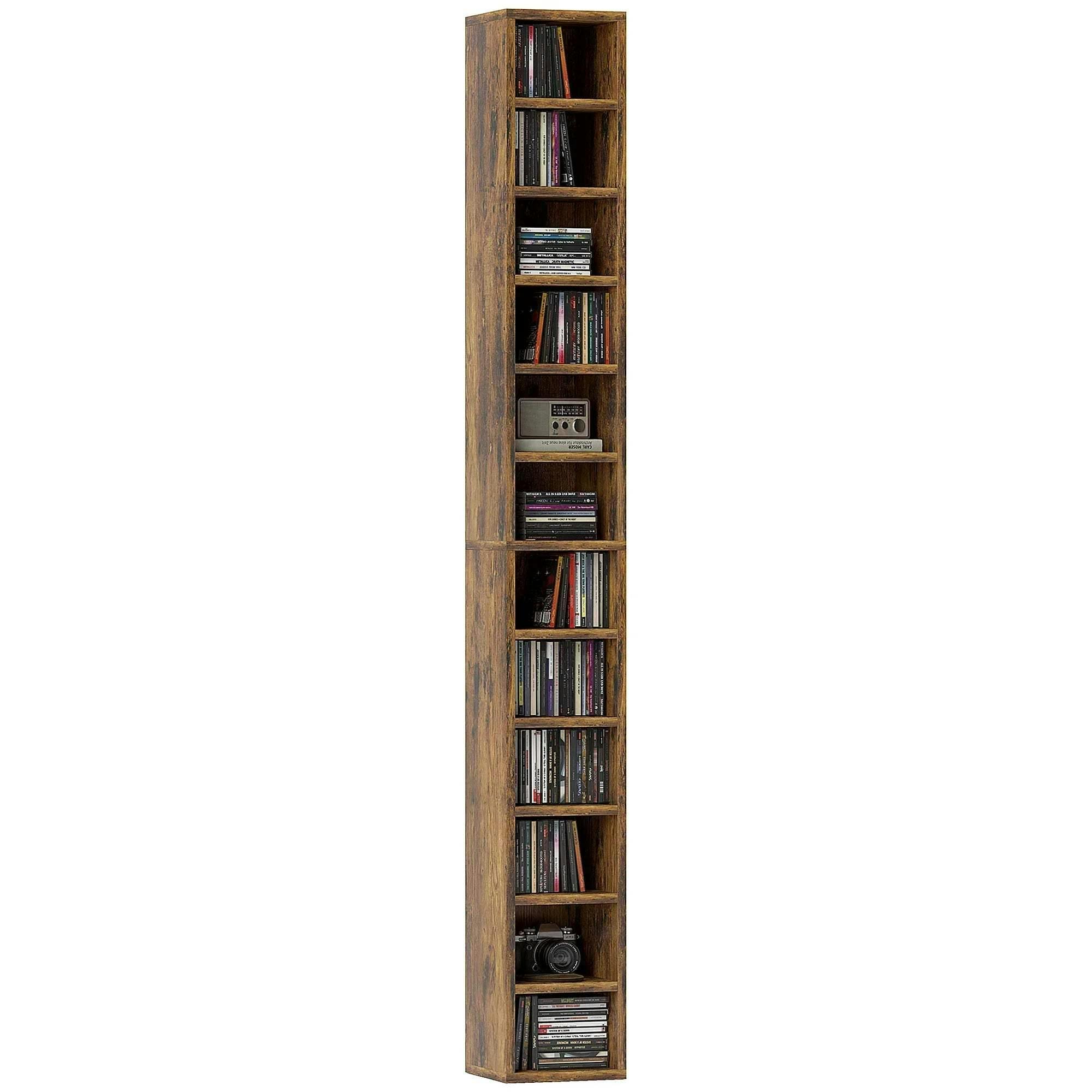HOMCOM 12-Tier CD Storage Tower - 204 CD Capacity - Tall Bookcase Bookshelf - Rustic Brown - Image 4