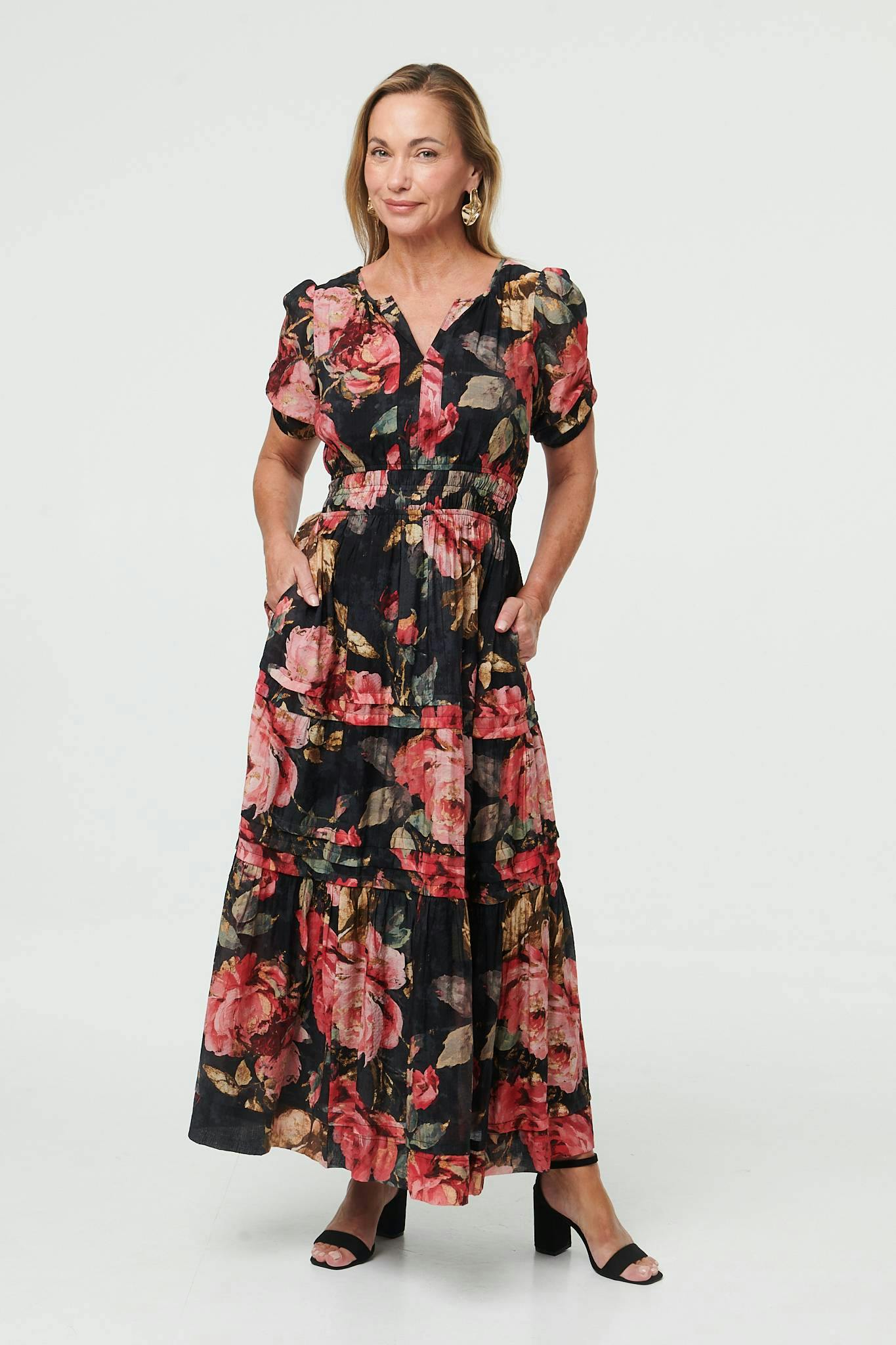 Izabel London Pink Floral Tiered Short Sleeve Maxi Dress - 12