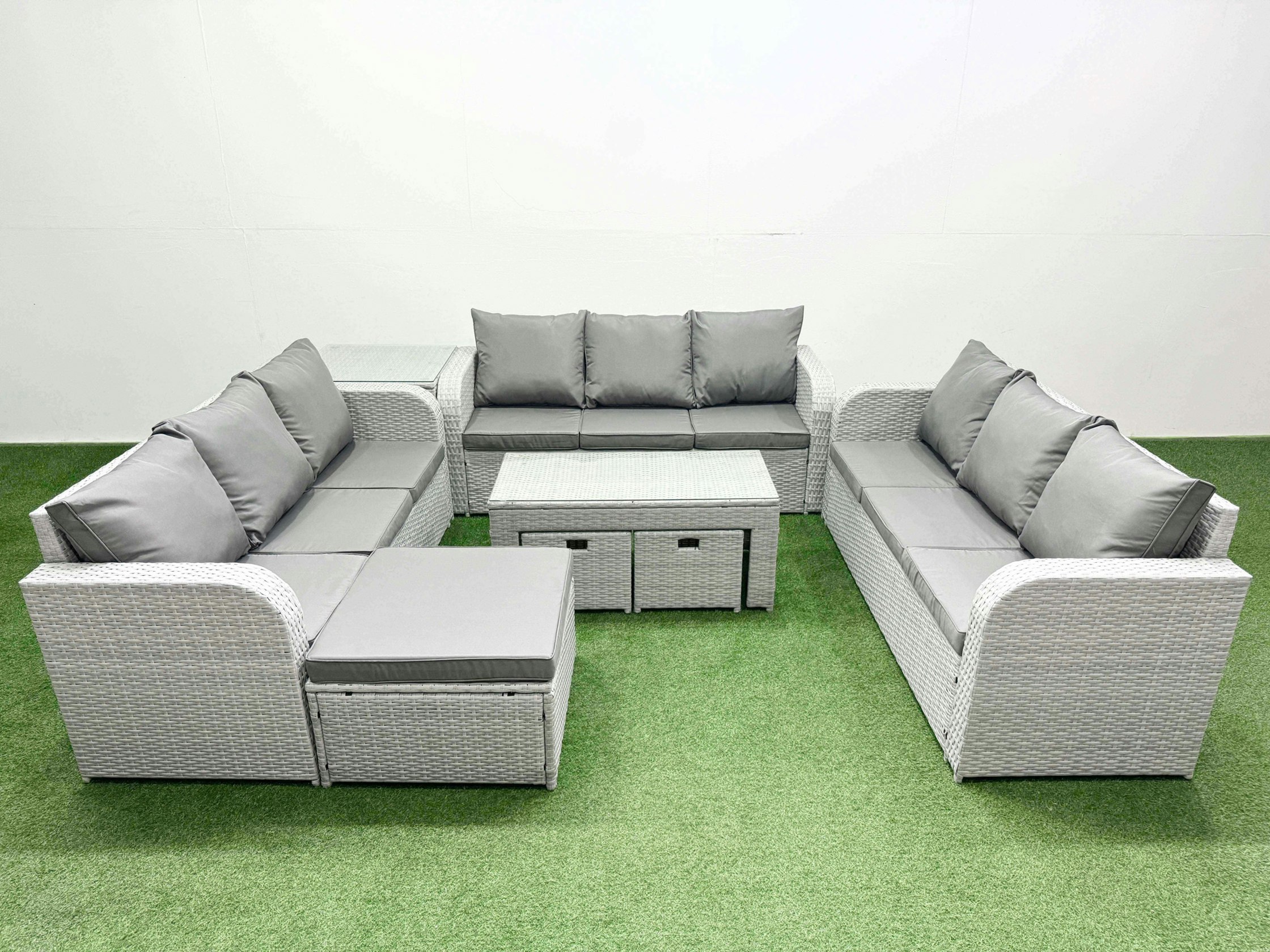 Rackhams Light/Grey Pe Rattan Lounge Sofa Set Seater Outdoor Garden Furniture Set With Oblong Coffee Table 3 Seater Sofa 3 Stools Side Table Size 12
