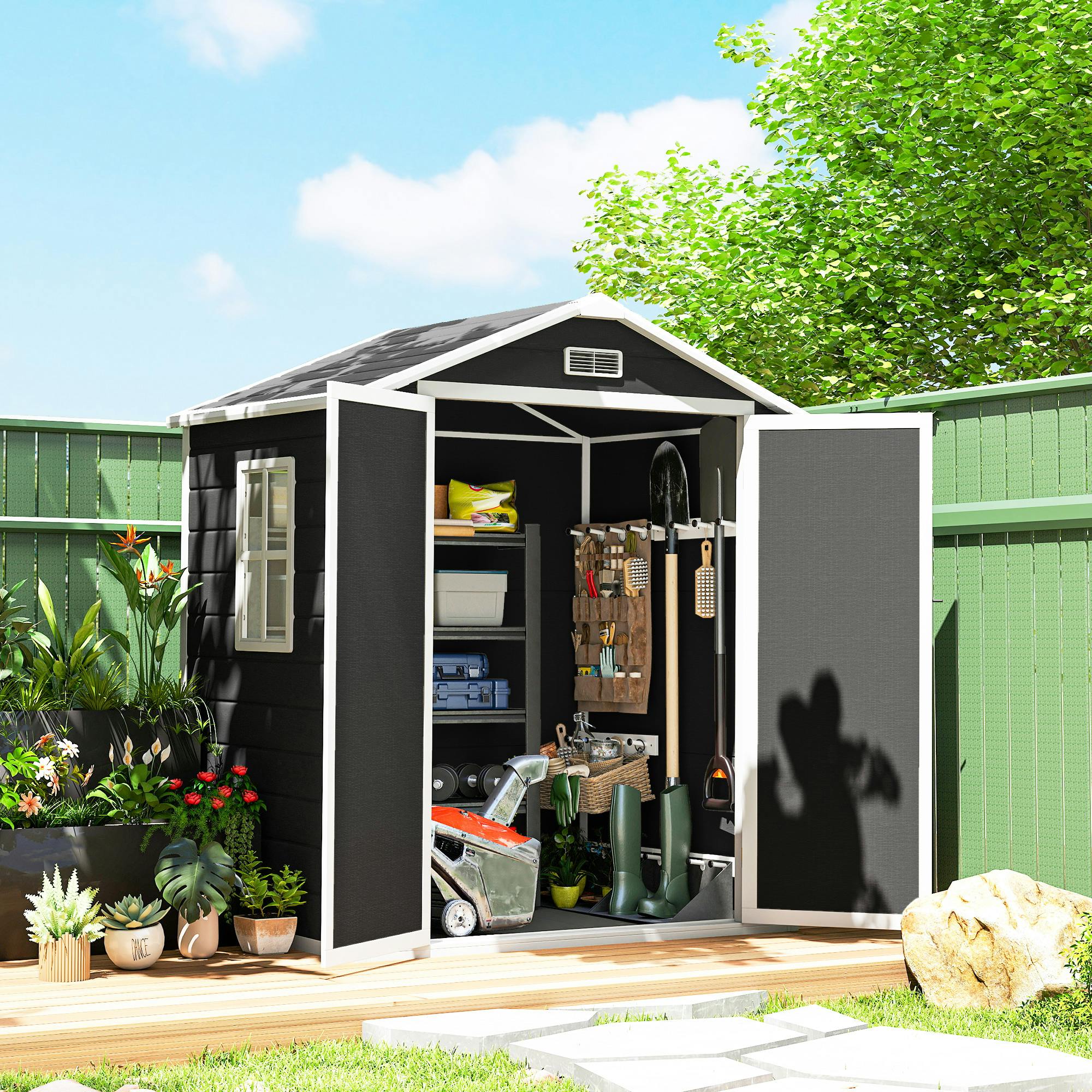 Rackhams Black Garden Shed 6'X4.5' Plastic Tool Storage House W/ Lockable Double Doors