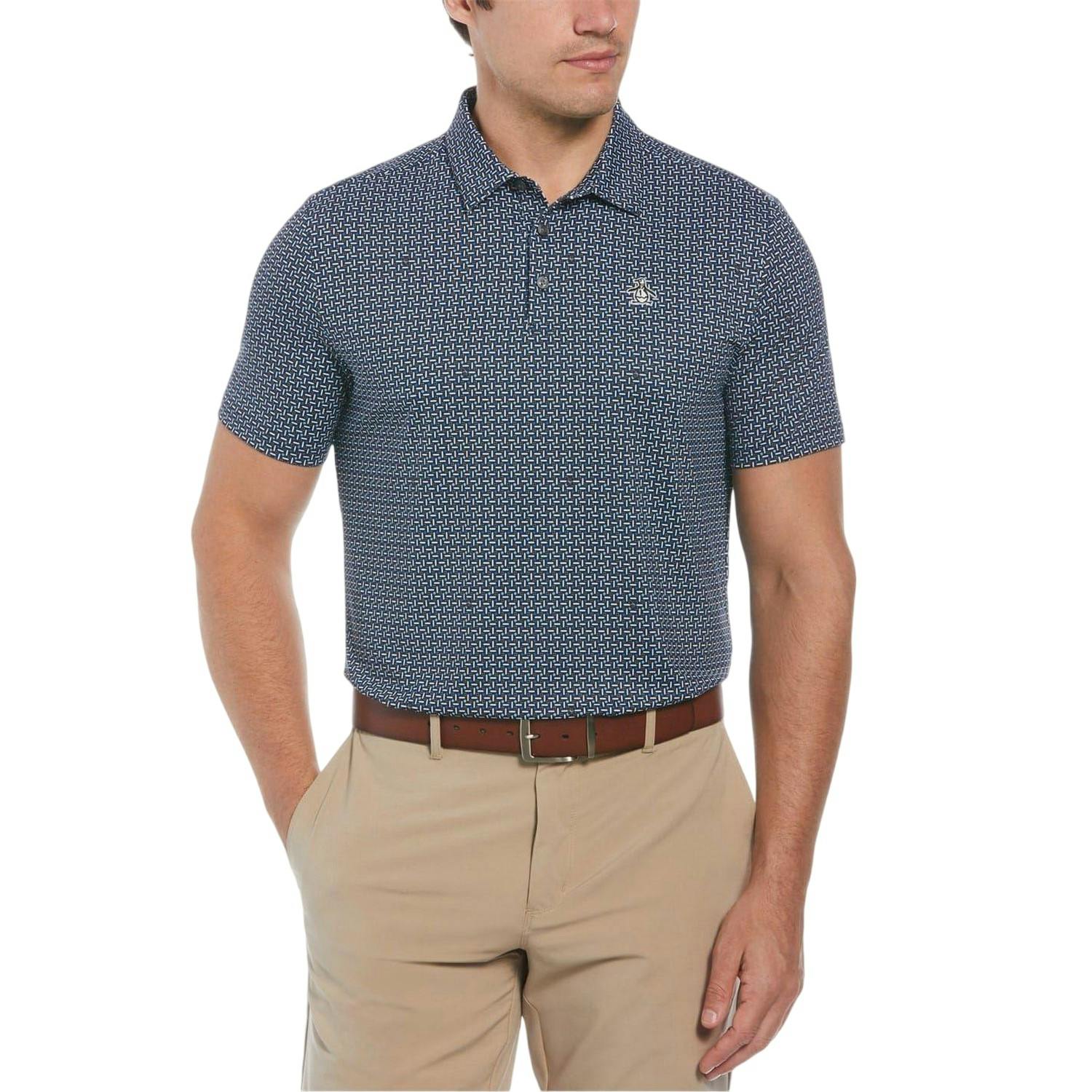 Original Penguin Men's Geometric Golf Polo Shirt - Caviar - S - Caviar - 56% Polyester/30% Recycled Polyester/14% Elastane
