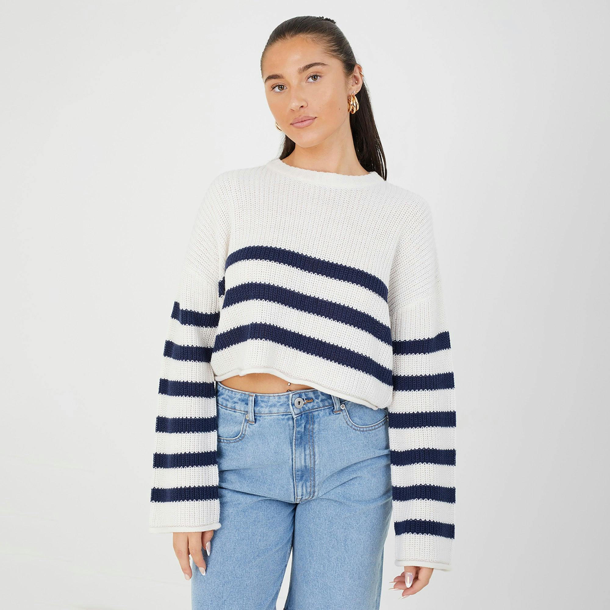 Brave Soul White Striped Cropped Knitted Jumper - Xs