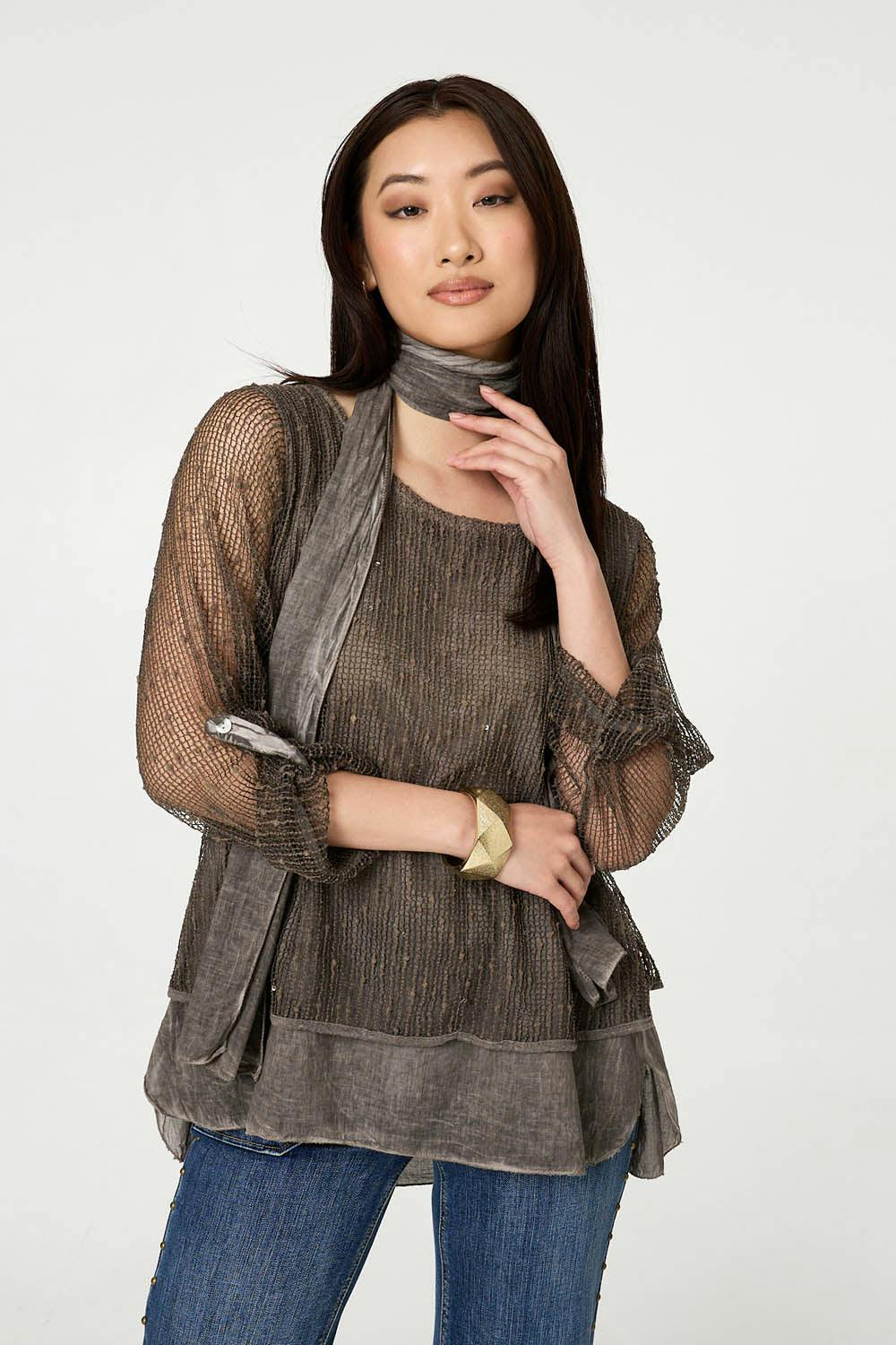 Izabel London Brown Sparkly Mesh Scarf Detail Layered Top - 8