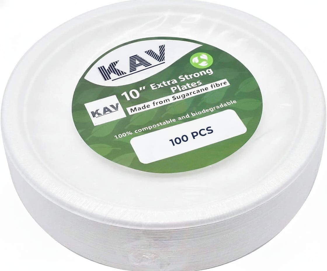 Kav 10 Inch Biodegradable Bagasse Plates - Disposable Super Rigid Sugarcane Fiber, Compostable Plates, Ideal For Parties, Bbqs, Picnics, Weddings - Pack Of 100