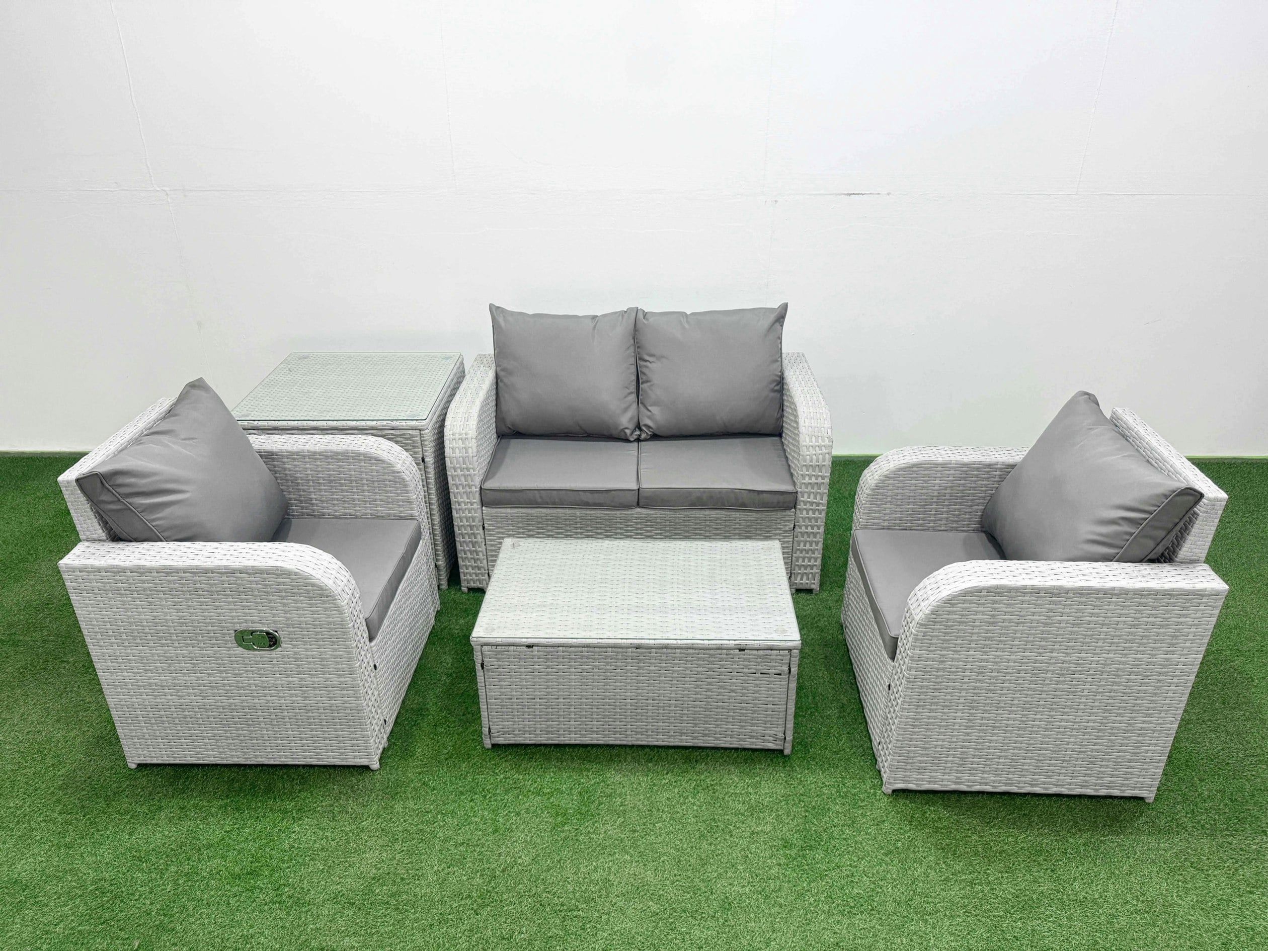 Fimous Light/Grey Pe Wicker Rattan Garden Furniture Set Sofa Set Reclining Adjustable Chair Rectangular Coffee Table 4 Seater With Side Table