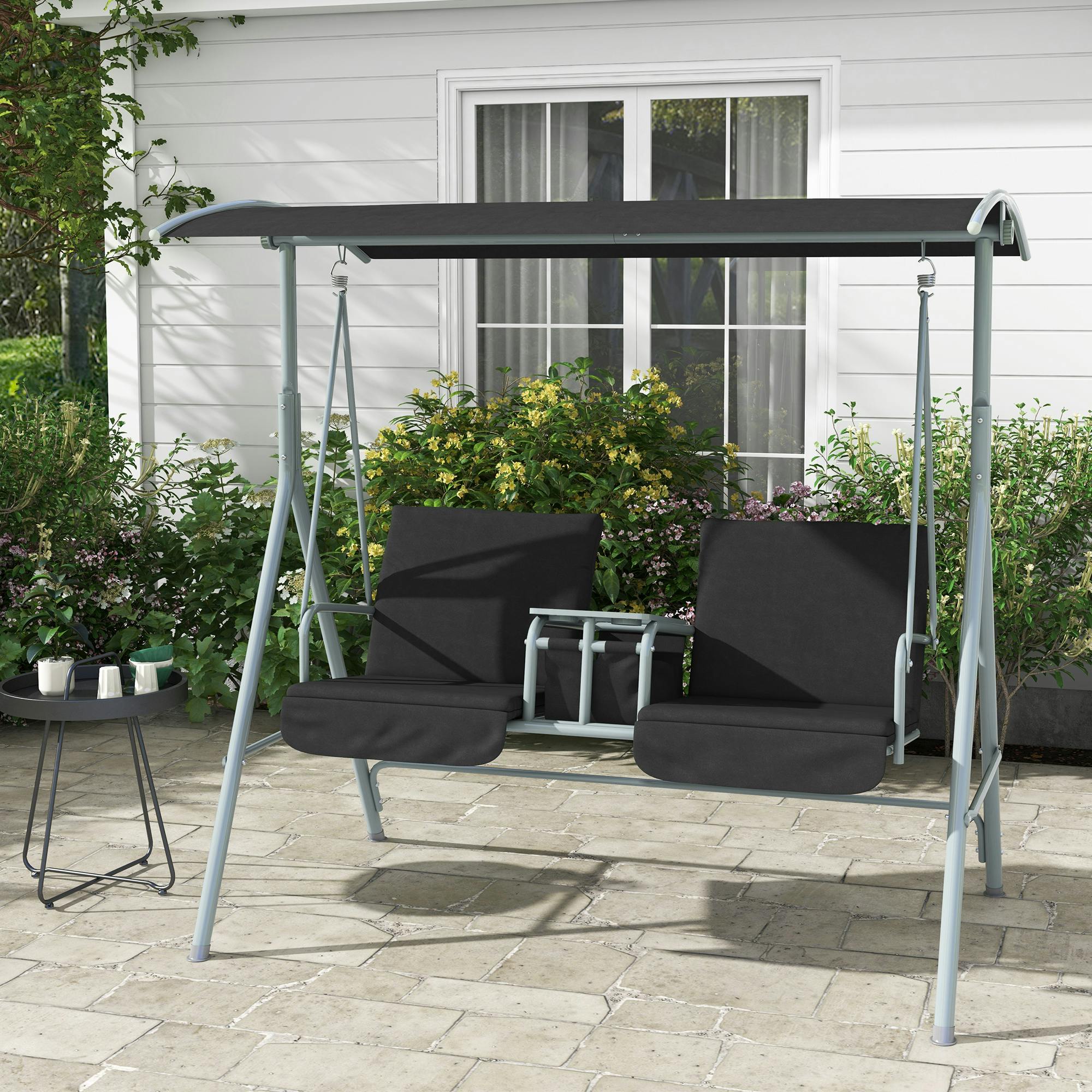 Rackhams Black 2 Person Covered Patio Swing With Pivot Table & Storage Console