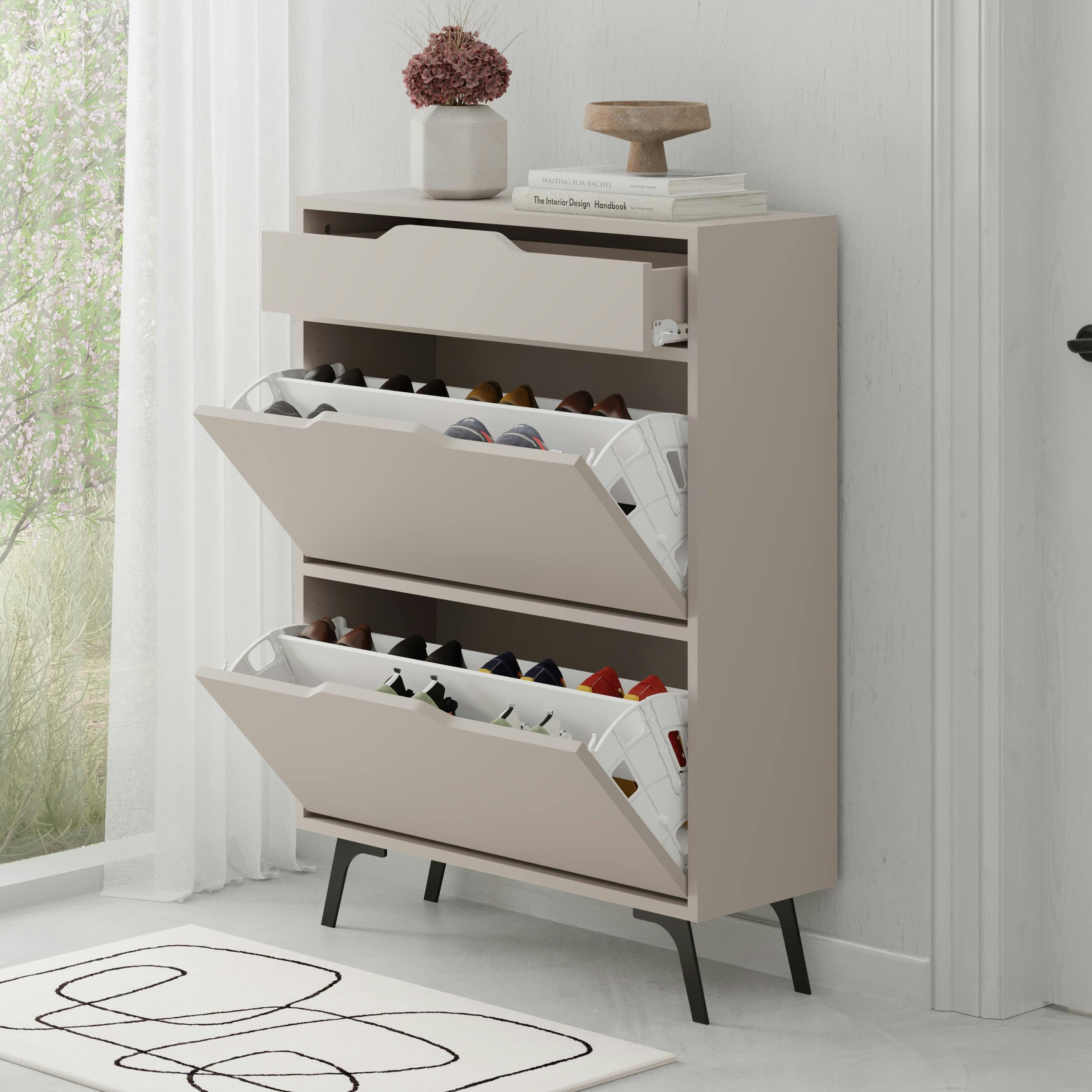 Decortie Asta Modern Shoe Cabinet 1 Drawer 2 Drop-Doors - Mocha Grey - Image 2