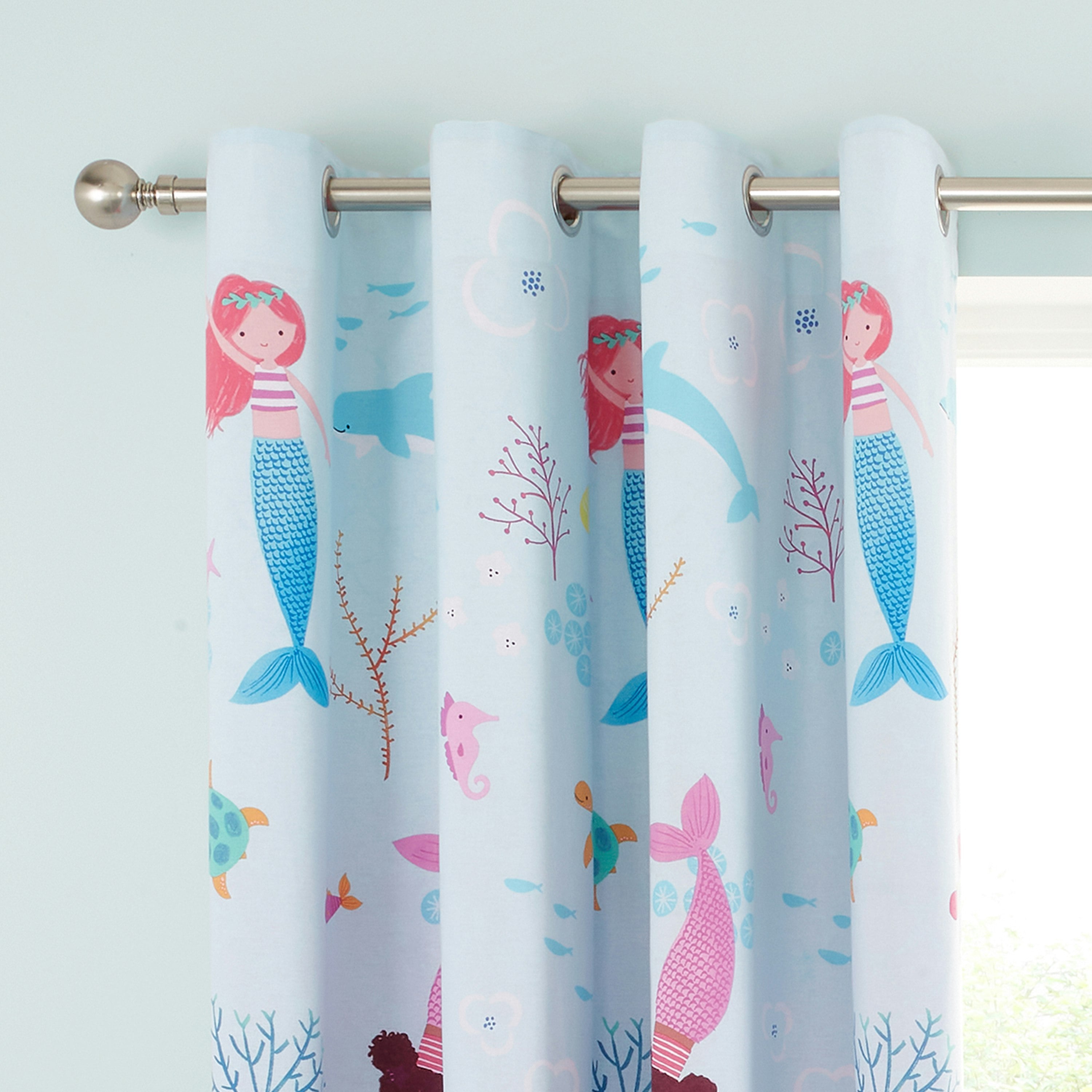 Catherine Lansfield Blue/Pink Mermaid Fully Reversible Eyelet Curtains - 66X72 Inch