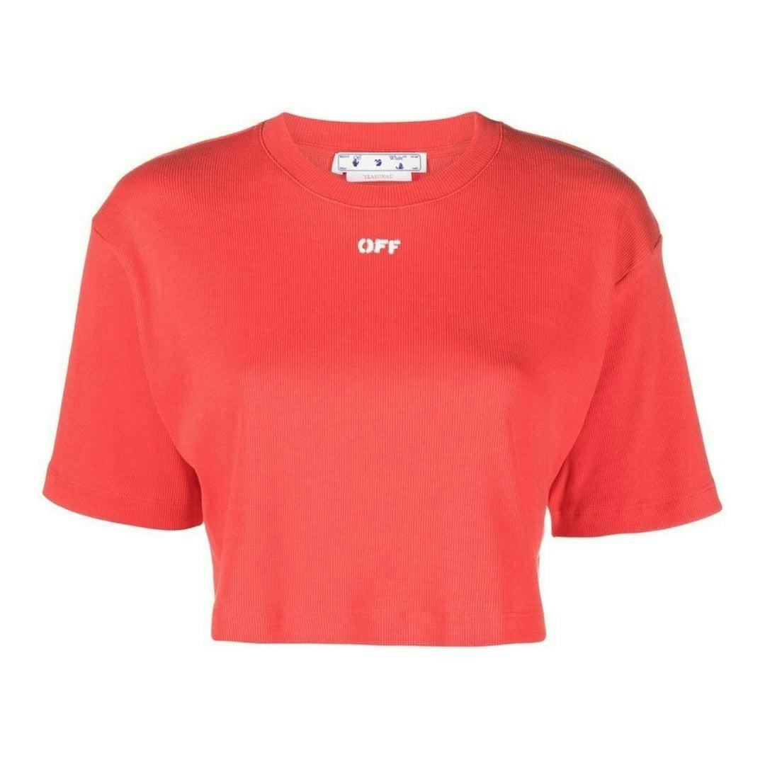 Off-White Women's White/Red Off- Off Logo Crop T-Shirt - M - 95% Cotton/5% Elastane