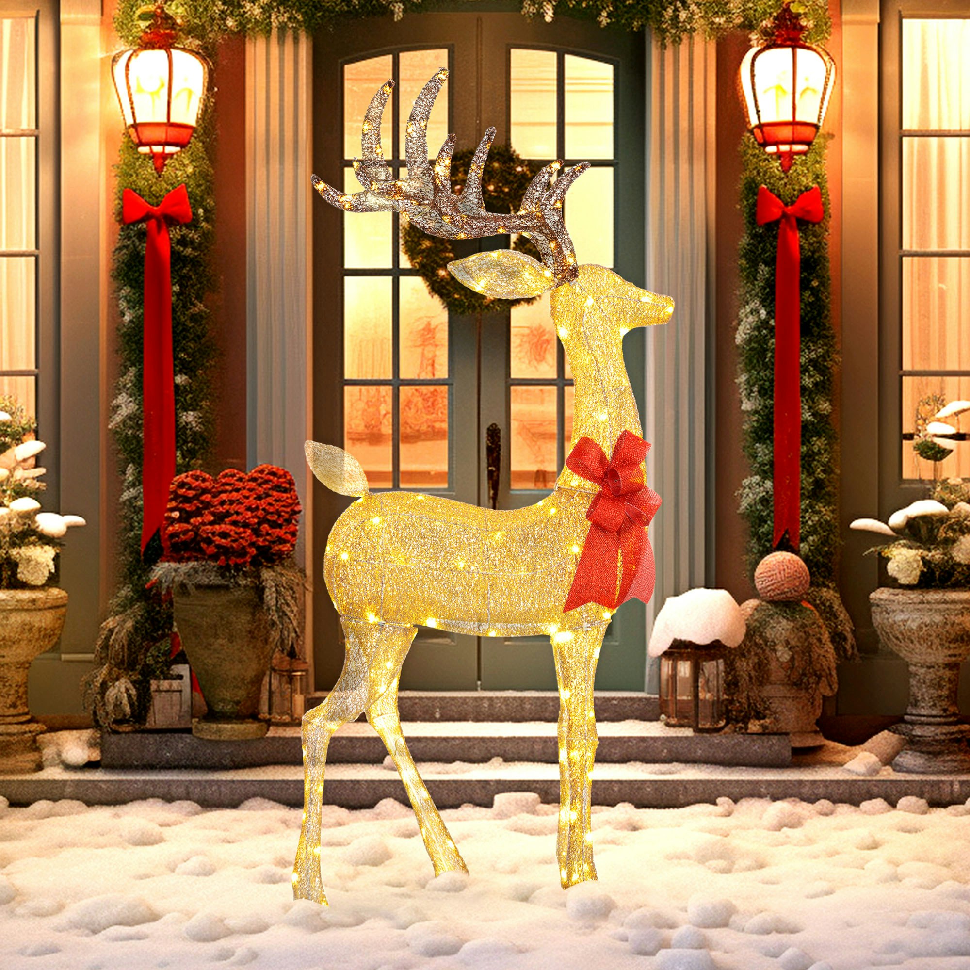 Rackhams Gold Lighted Reindeer Christmas Decoration W/ Stakes Zip Ties Tone