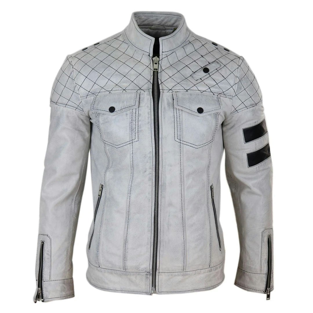 Infinity Leather Men's Black/White Leather Company Leather Racing Jacket Biker Zipped Napa Stripes - 4XL