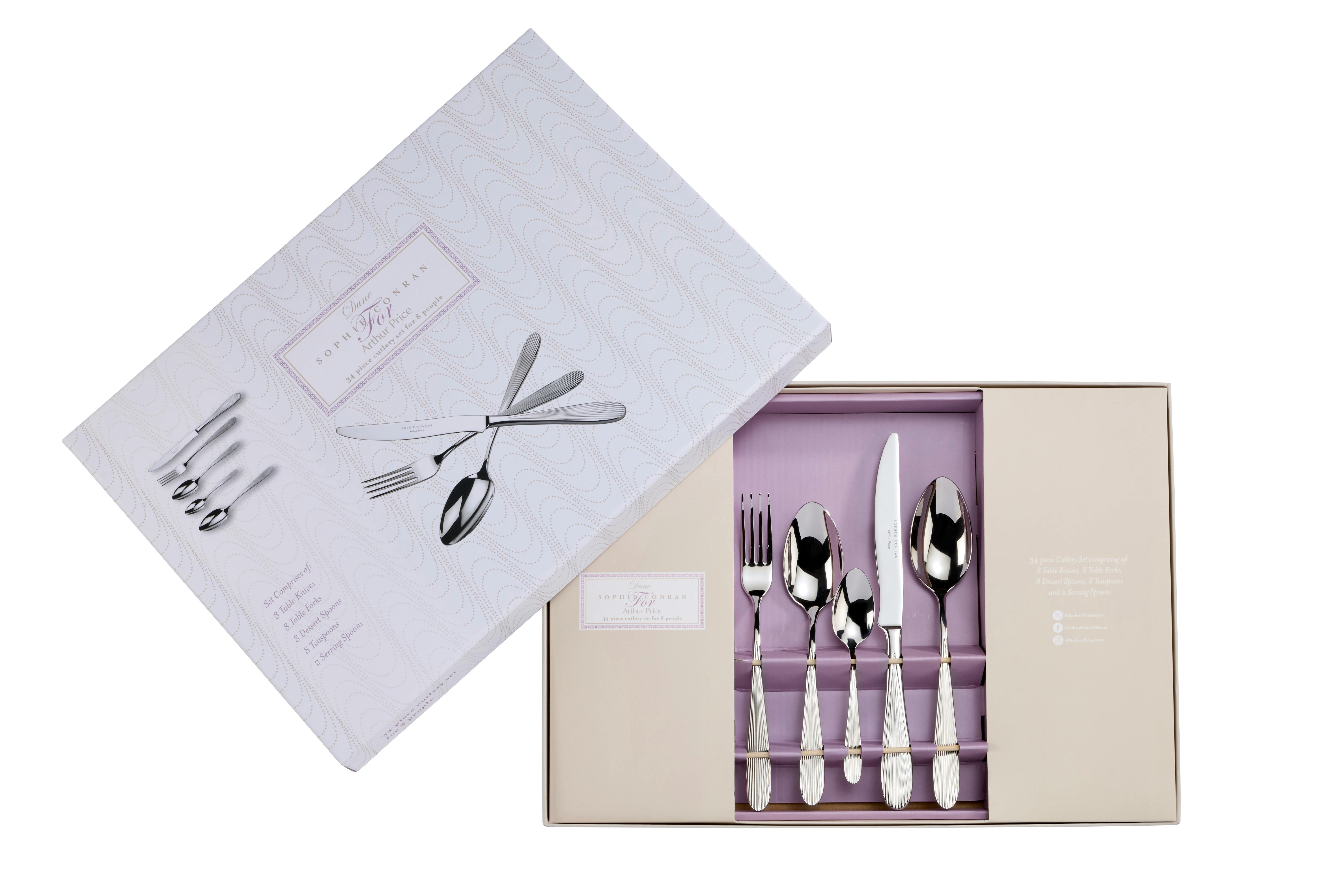 Rackhams 'Dune' Stainless Steel 34 Piece 8 Person Gift Boxed Cutlery Set For Luxury Home Dining - 8 Person - Stainless Steel - 18/10 Stainless Steel
