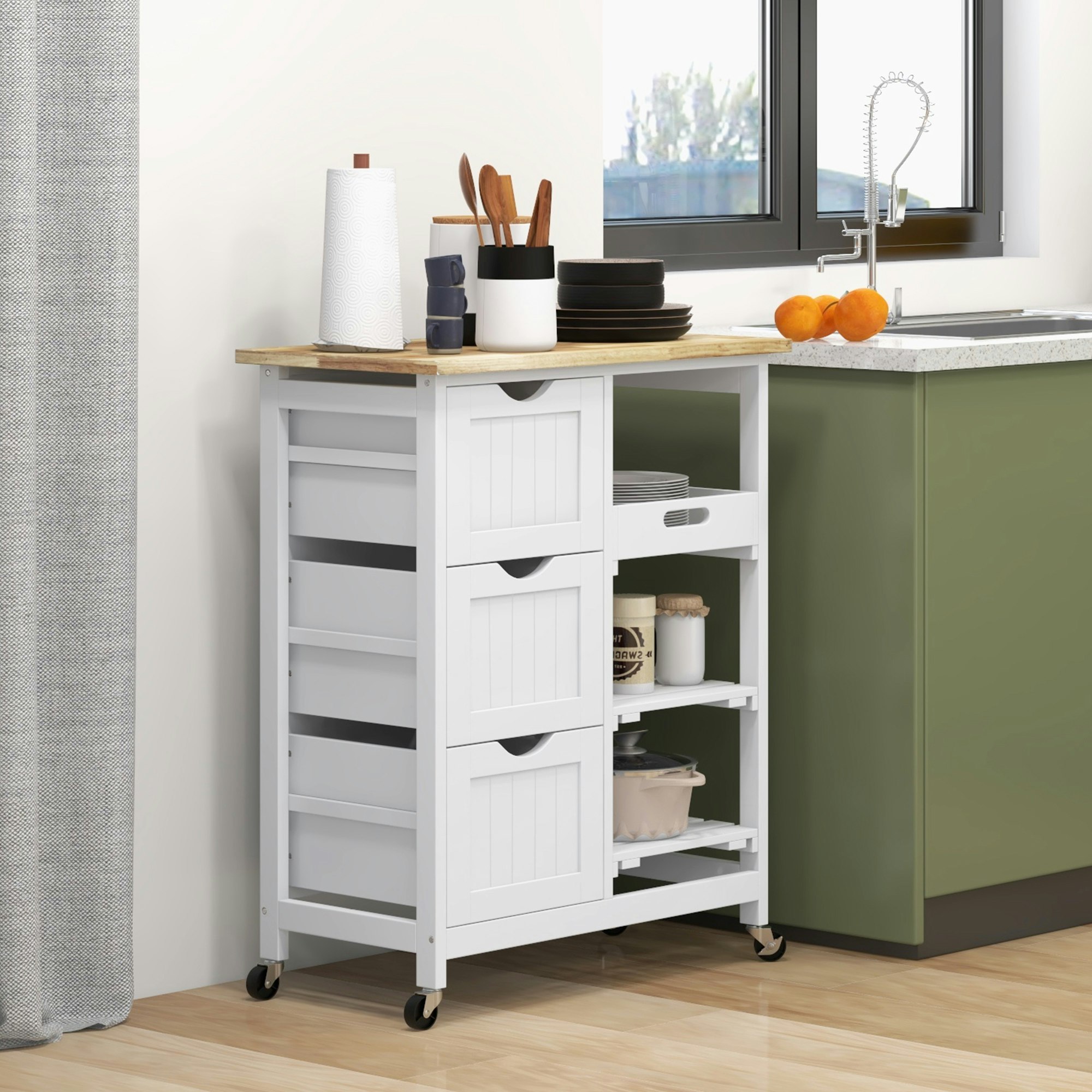 Rackhams White Rolling Kitchen Island Cart, Bar Serving Cart, Compact Trolley