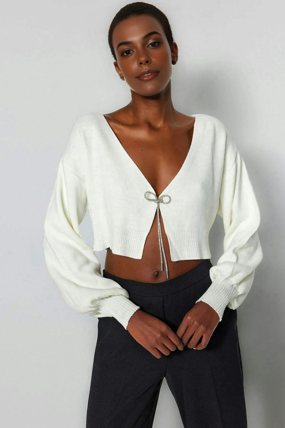 Wovcor White Super Crop Knit Cardigan With Bow Detail - Xs