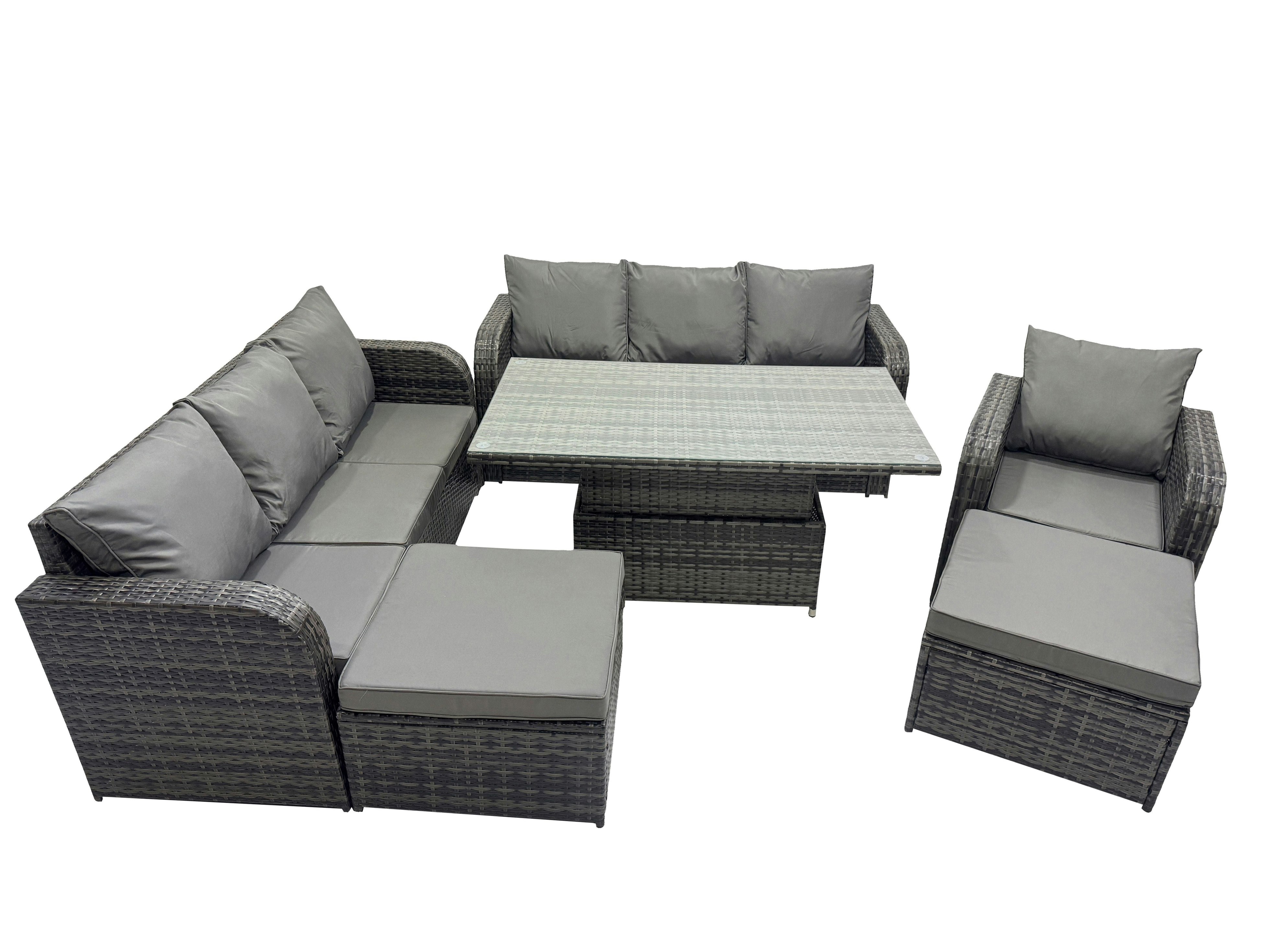 Fimous Dark/Grey Rattan Garden Furniture Dining Set 9 Seater Patio Height Adjustable Rising Lifting Table Sofa Set With 2 Big Footstool Mixed