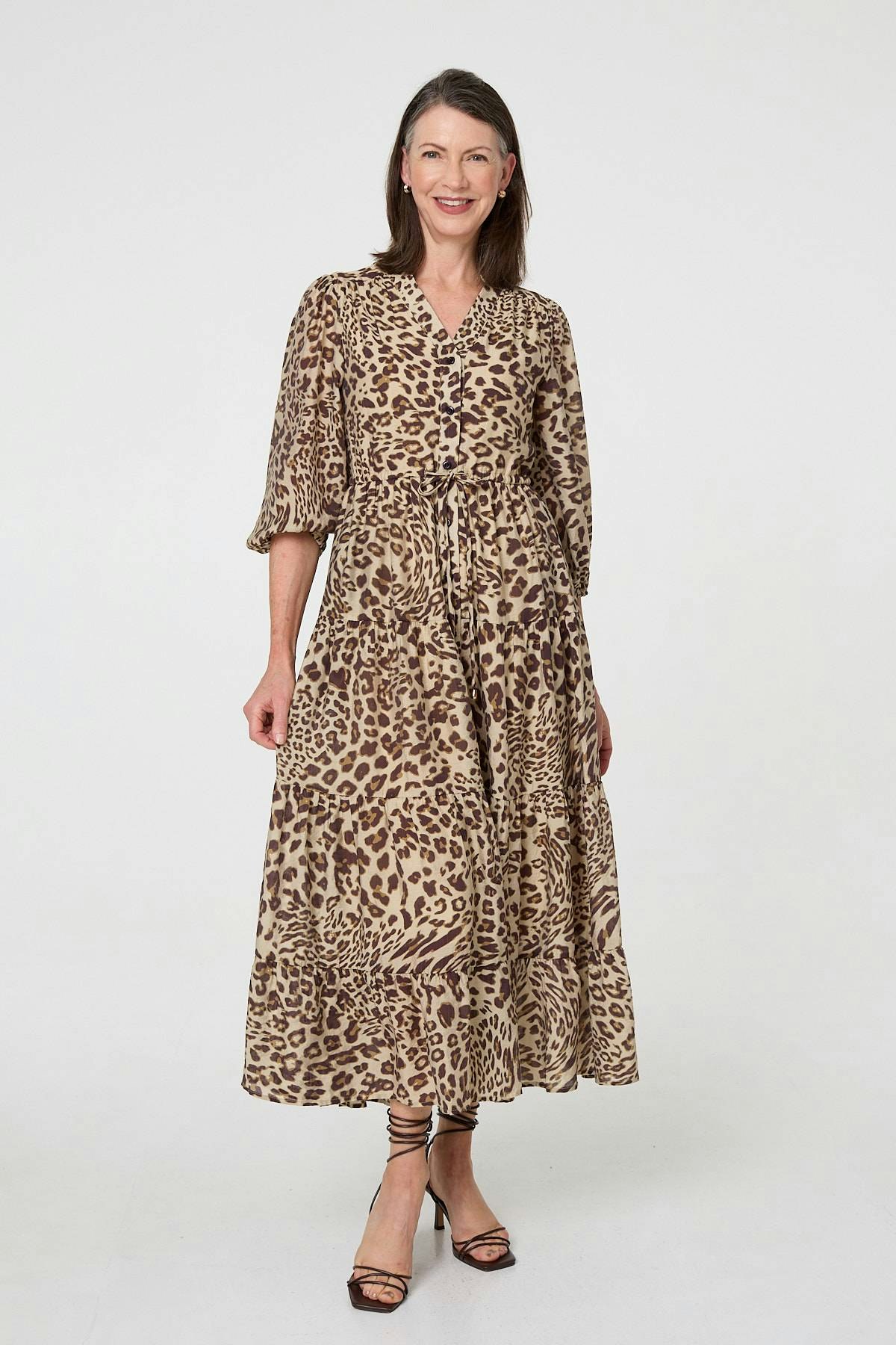 Izabel London Brown Animal Print 3/4 Puff Sleeve Midi Dress - 16