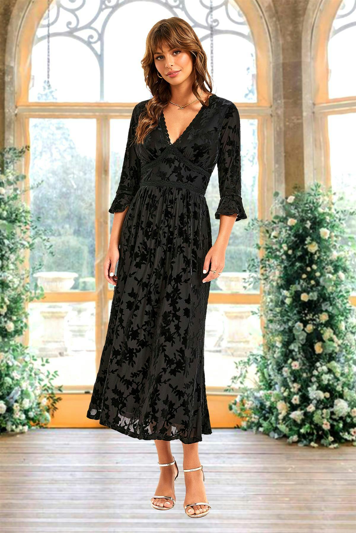 Fs Collection Black Floral Velvet Devore Lace Trim Neckline Midi Dress In - Xs