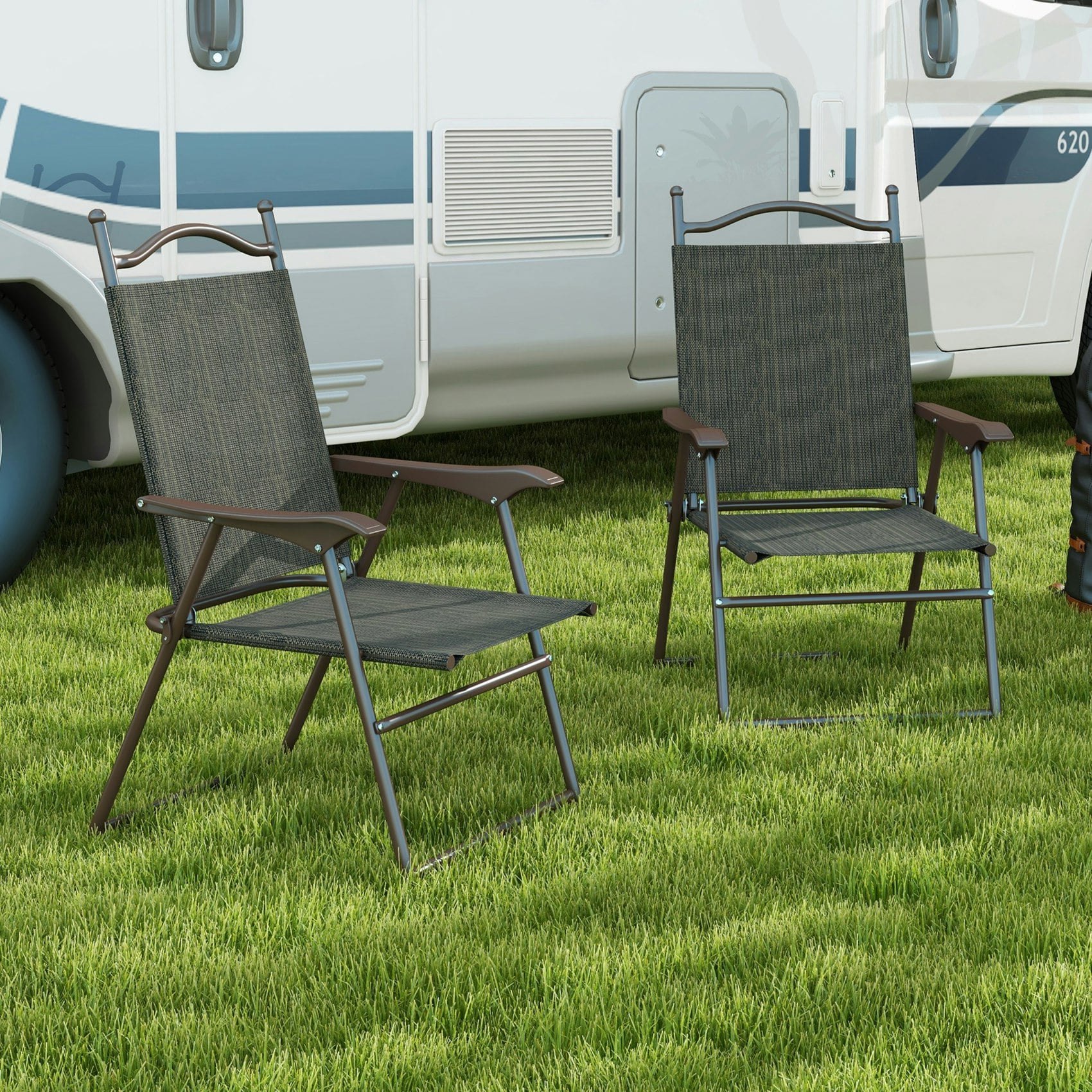 Rackhams Brown/Dark Folding Chairs Set, Breathable Mesh Fabric Seat, Mixed - Steel, Mesh Fabric - 56Cm X 62Cm X 97Cm