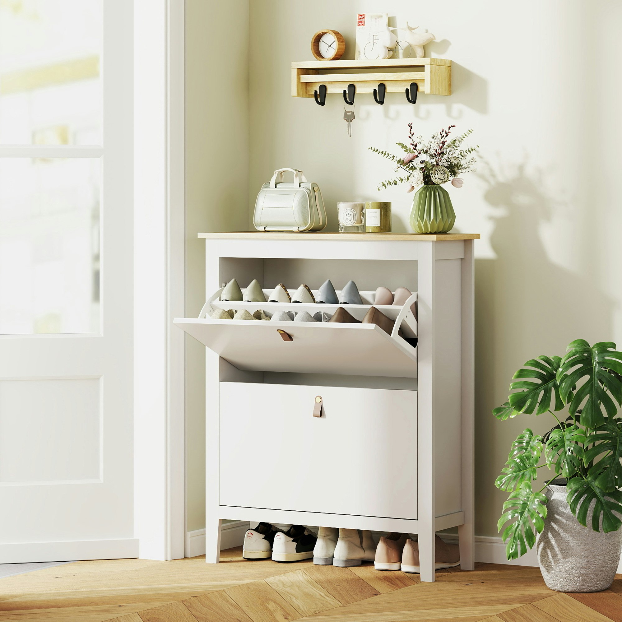 Rackhams Men's Green/White 2 Drawer Shoe Cabinet With Flip Doors For Hallway, Entryway,