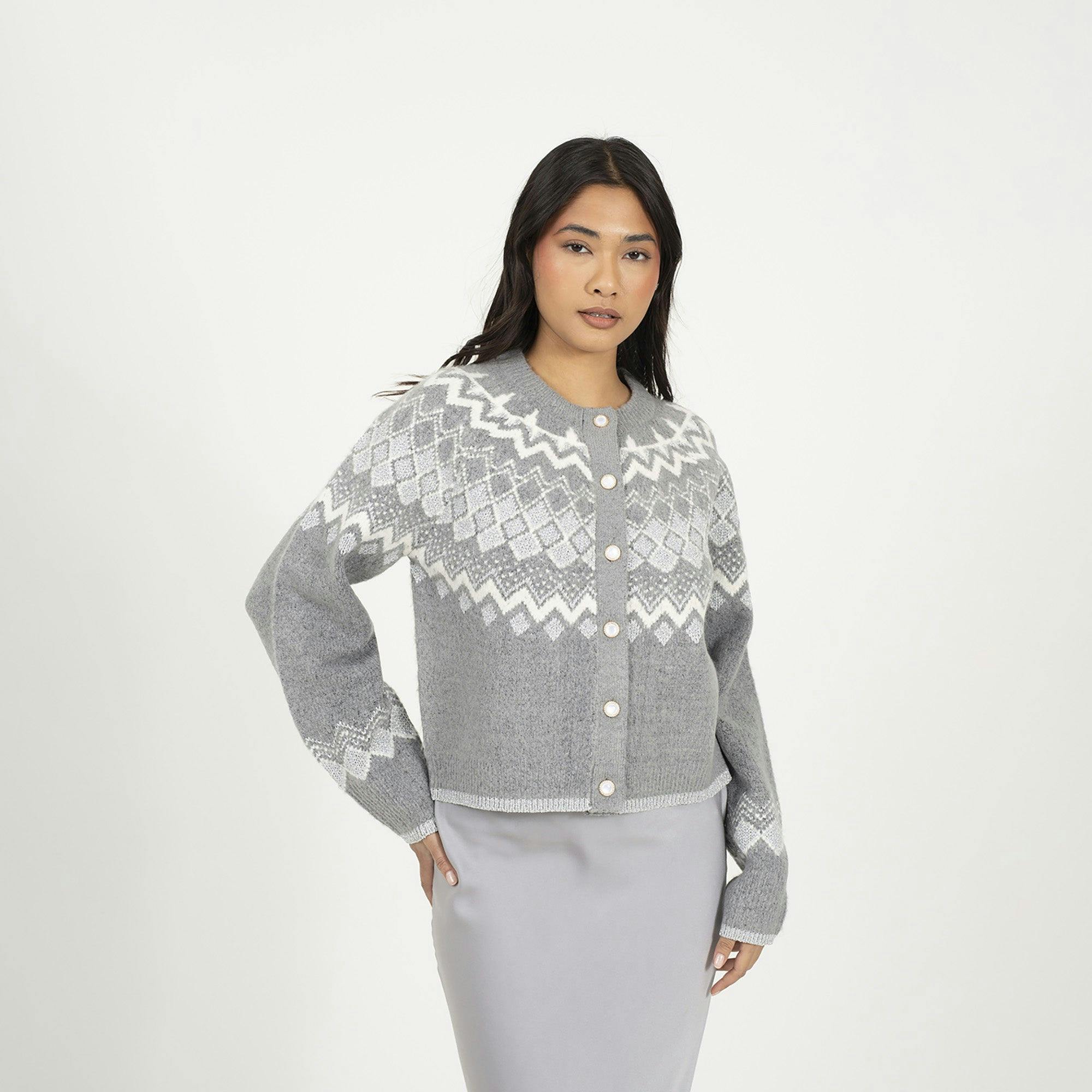 Brave Soul Grey Fairisle Cardigan With Faux Pearl Buttons - M