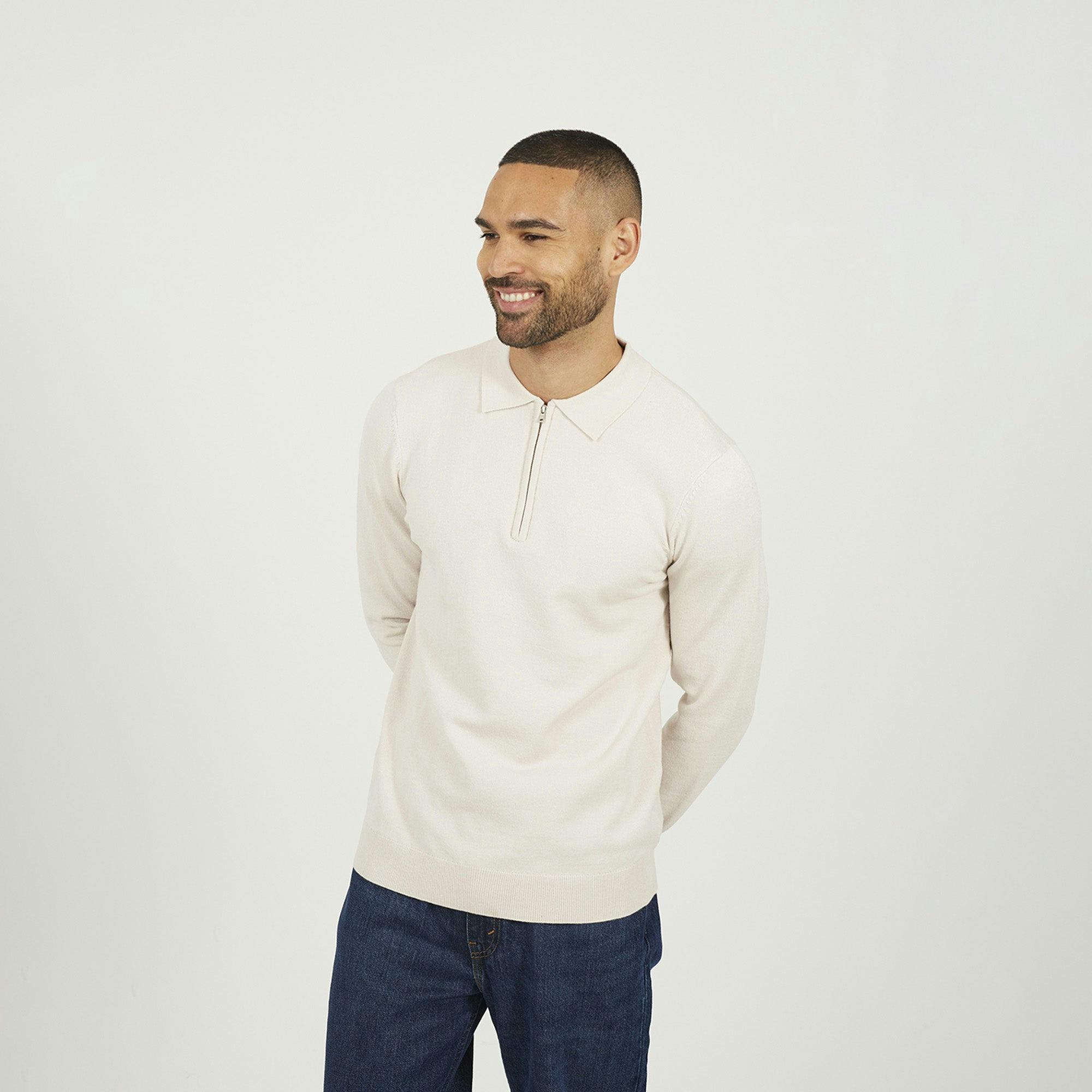 Brave Soul Cream Long Sleeve Knitted Polo - Xl