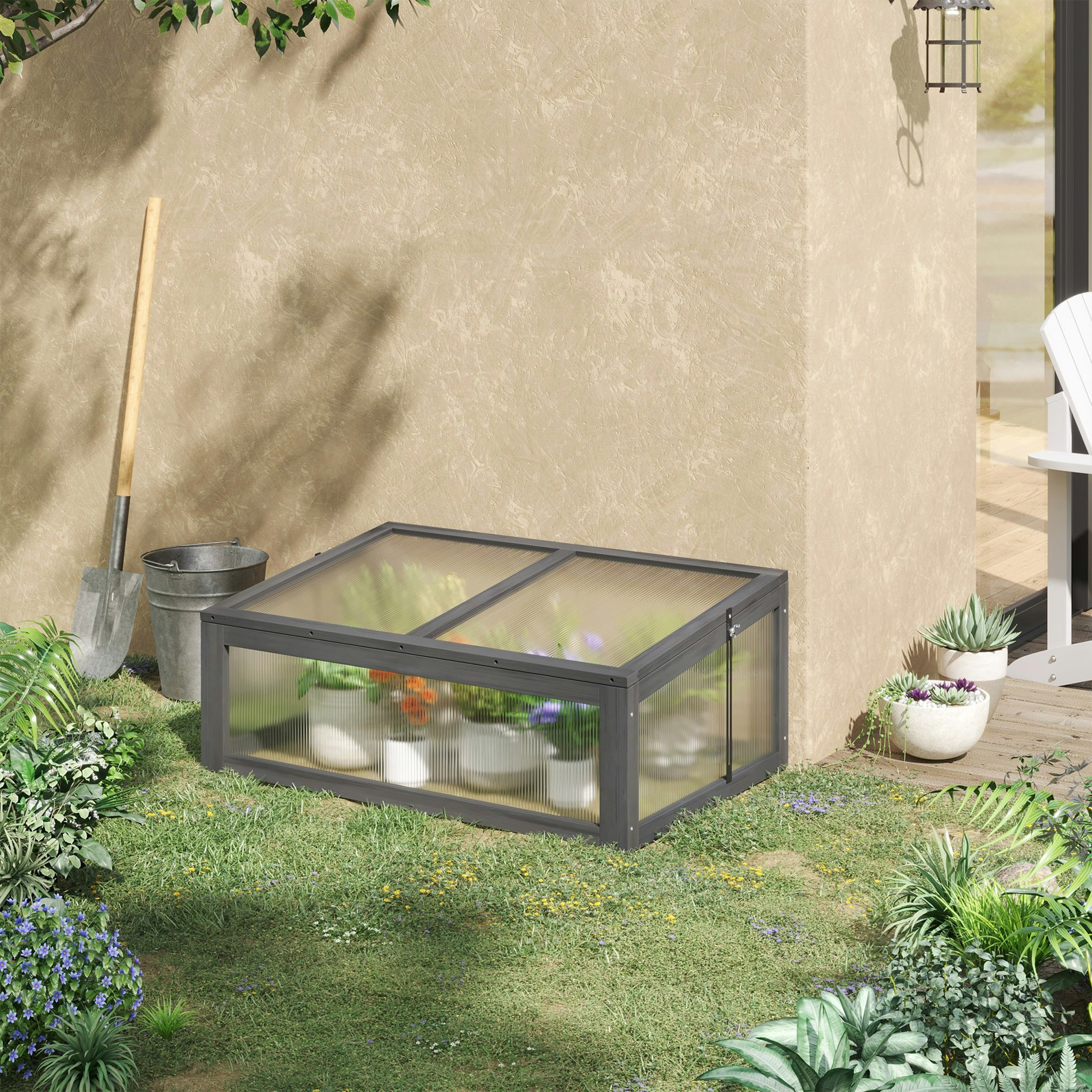 Outsunny Grey Square Wooden Outdoor Greenhouse For Plants Pc Board 100 X 65 X 40Cm
