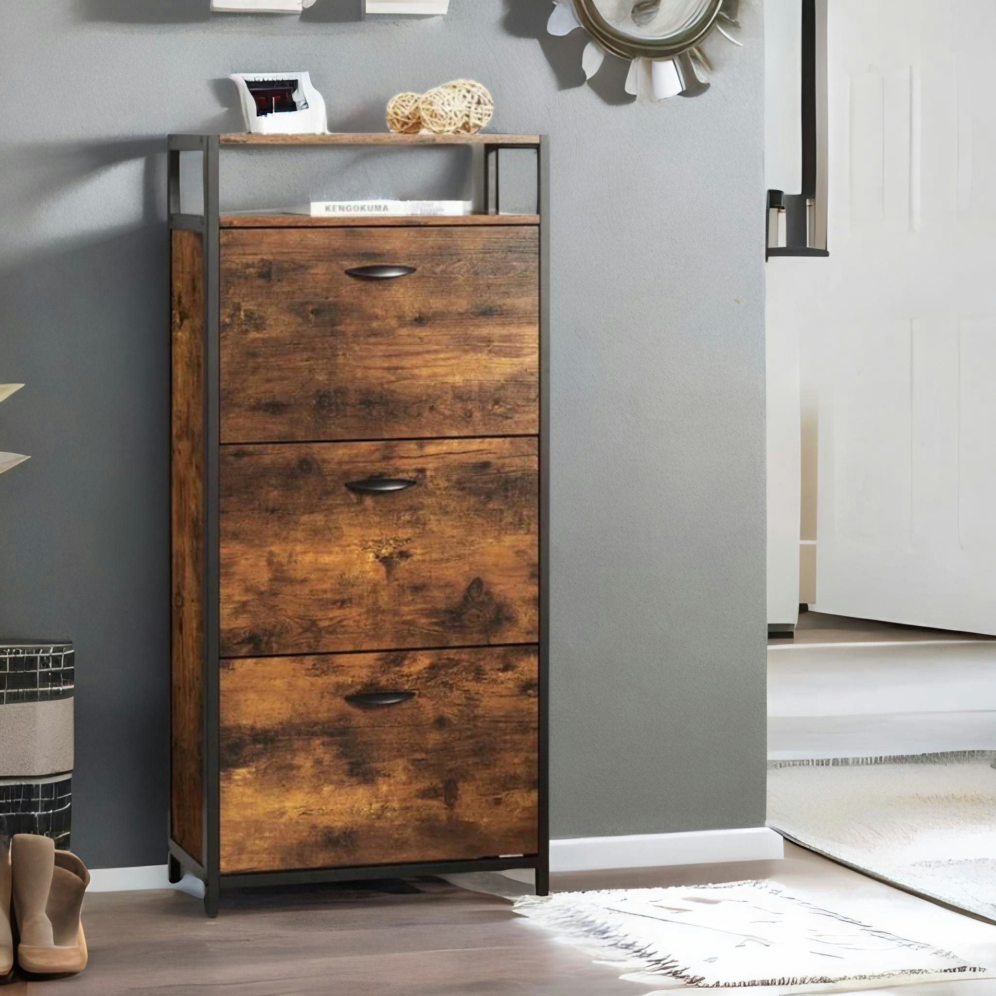 Rackhams Brown 3 Drawer Shoe Storage Cabinet With Shelf Rustic