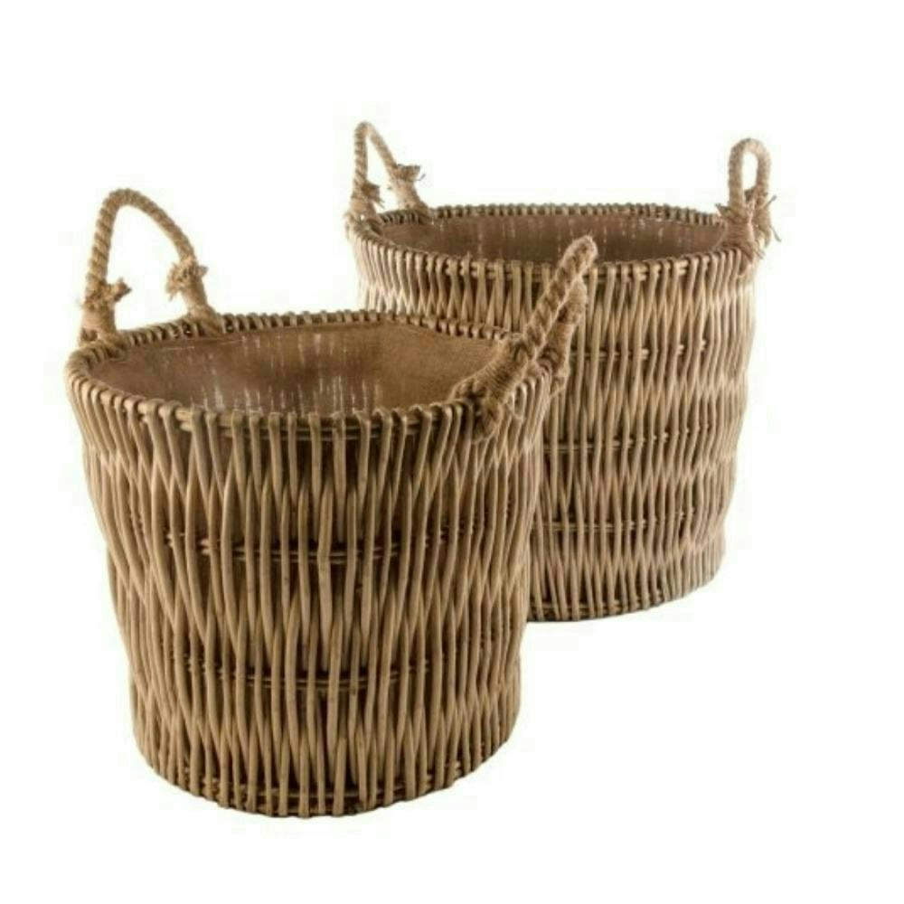 Red Hamper Red/Grey Hamper Set Of 2 Vertical Weave Hessian Lined Wicker Log Basket