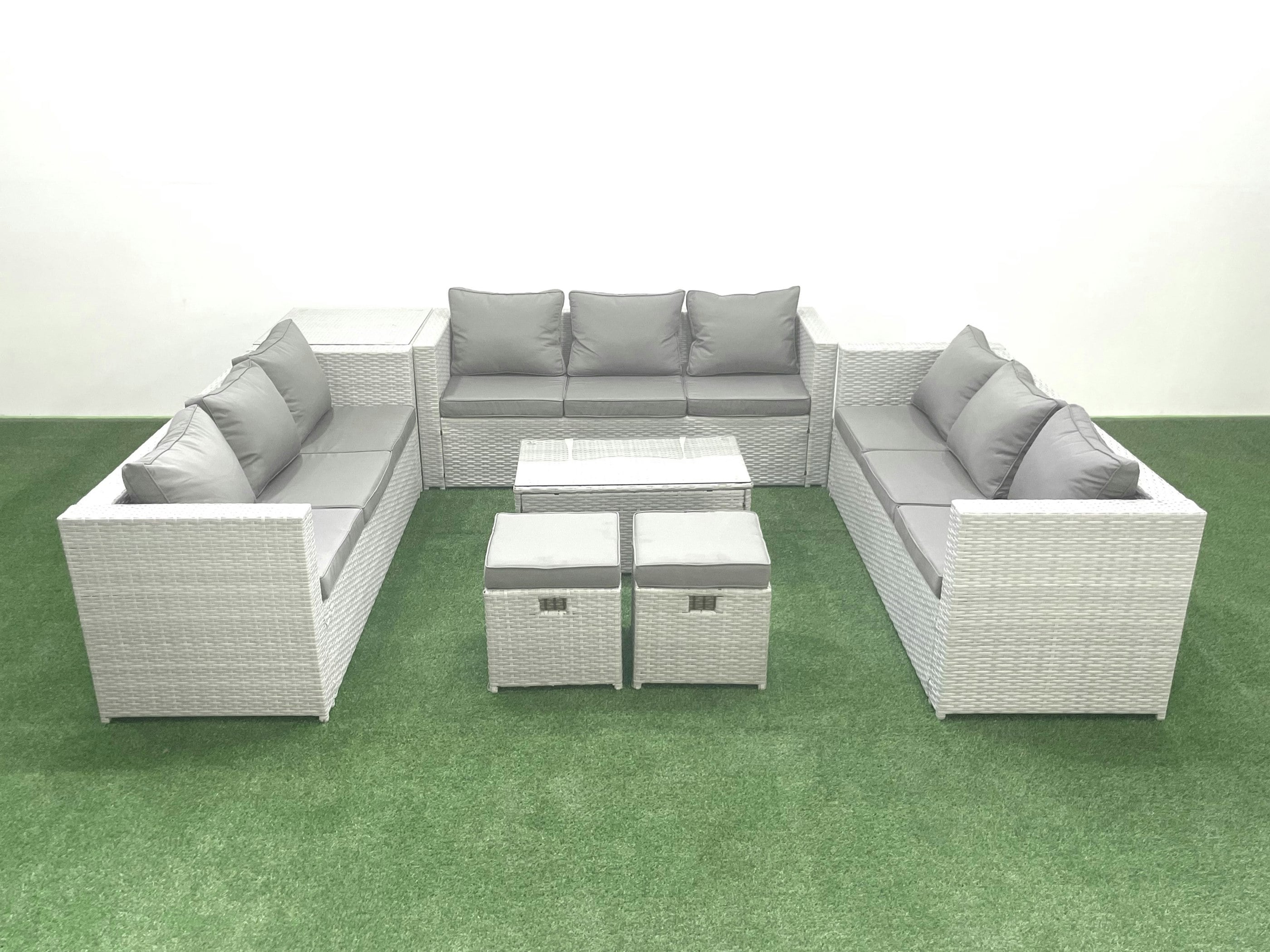 Rackhams Light/Grey Rattan Garden Outdoor Furniture Set 11 Seater Garden Sofa Coffee Table Set With 2 Small Footstool Side Table Mixed