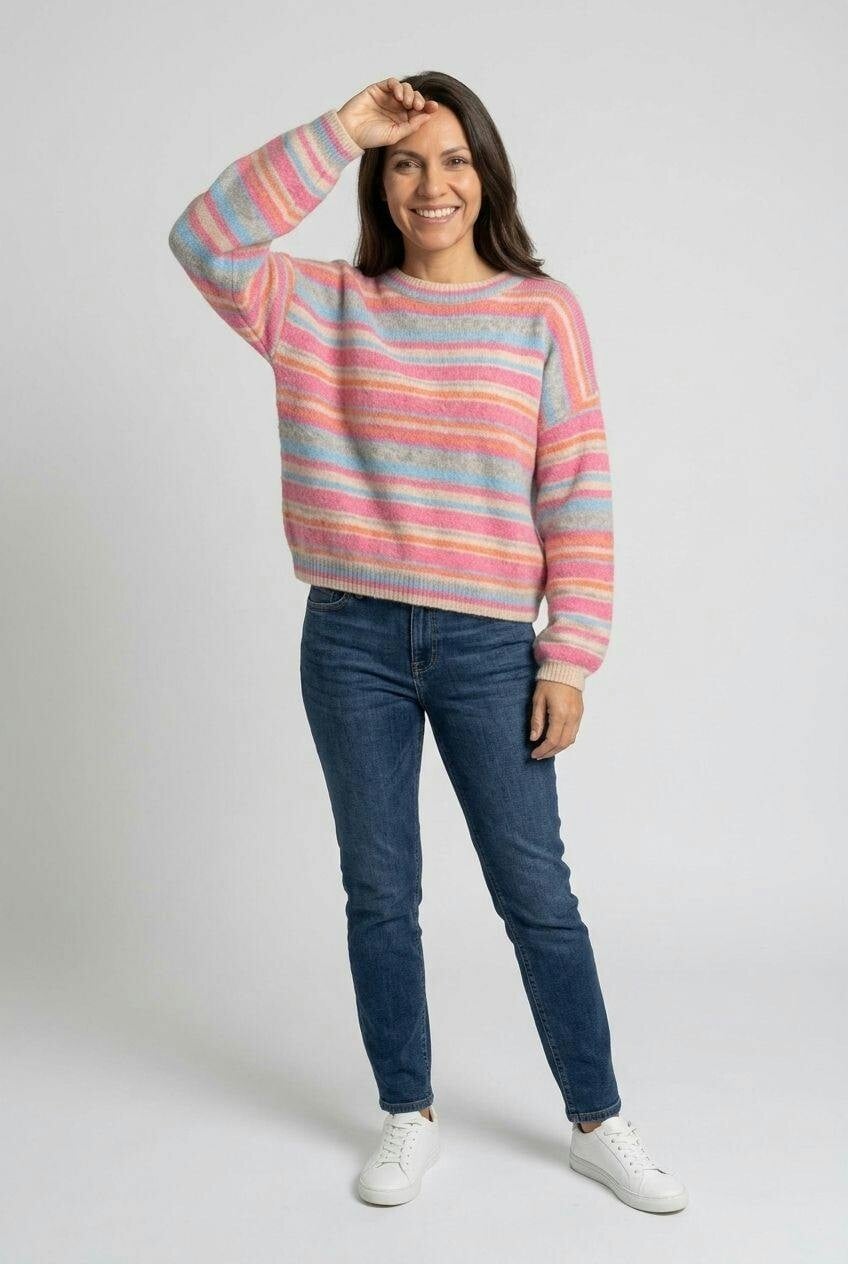 Izabel London Pink Striped Drop Shoulder Cropped Jumper - 16