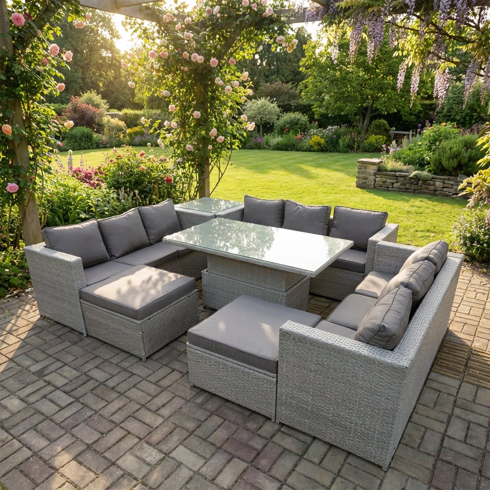 Fimous Light/Grey 11 Seater Rattan Outdoor Garden Furniture Set With Height Adjustable Table, 3 Sofas, 1 Side Table, 2 Footstools