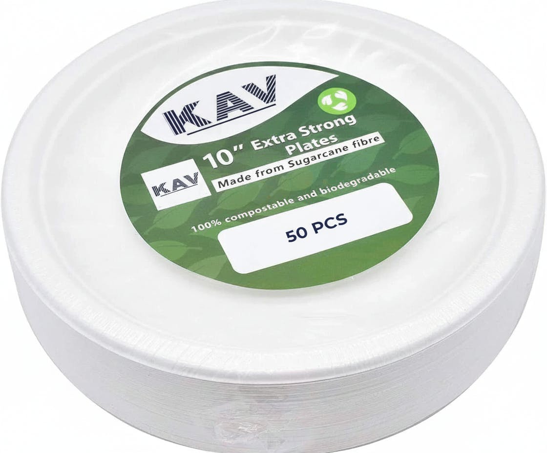 Kav 10 Inch Biodegradable Bagasse Plates - Disposable Super Rigid Sugarcane Fiber, Compostable Plates, Ideal For Parties, Bbqs, Picnics, Weddings - Pack Of 50