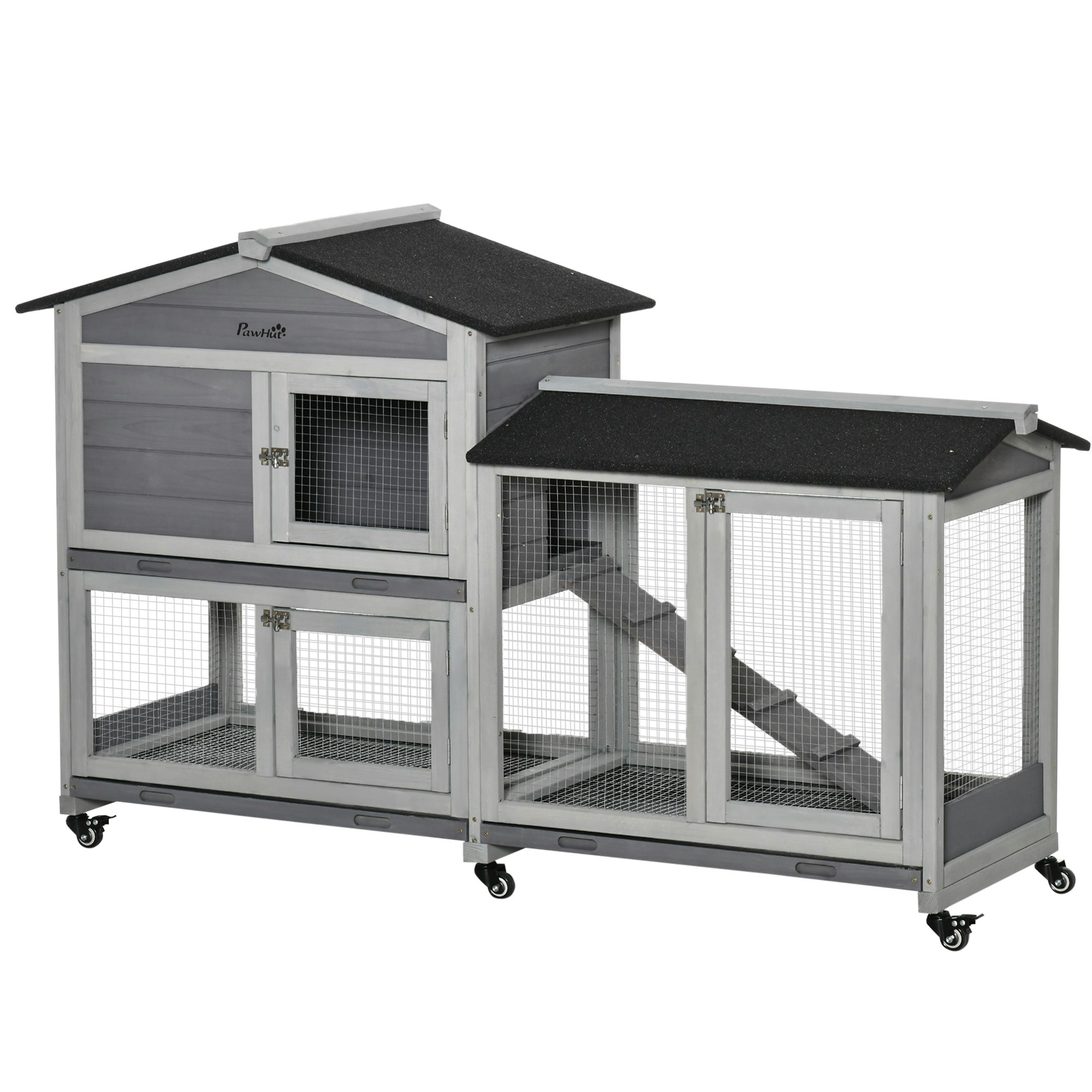 Pawhut Light/Grey Wooden Rabbit Hutch Guinea Pig Cage W/ Wheels, Run, Ramp, - Fir, Steel, Asphalt - Size 1