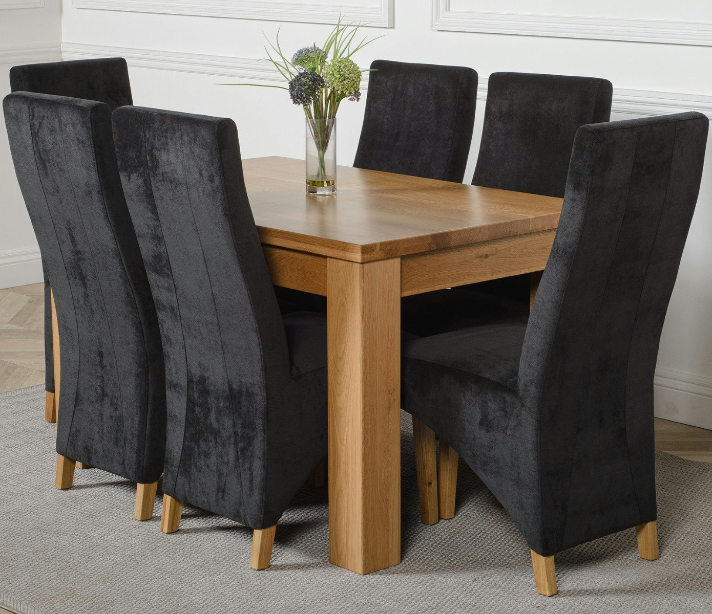 That's Furniture Black Dakota Oak Dining Table With Lola Fabric Chairs - 6 Chairs Small