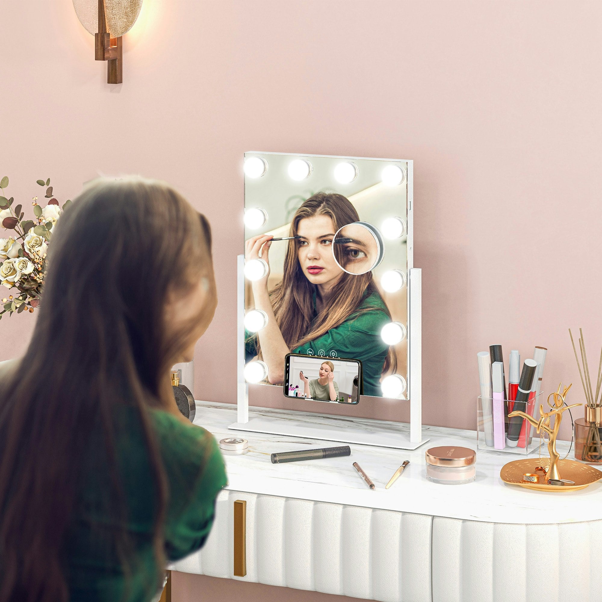 Homcom White Hollywood Lighted Makeup Mirror With Magnifier, Usb Port, Phone Holder - 36.5W X 45.5H X 8.5Dcm
