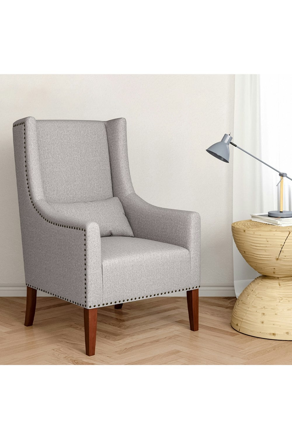 Rackhams Grey Burlap High Back Studded Armchair With Cushion