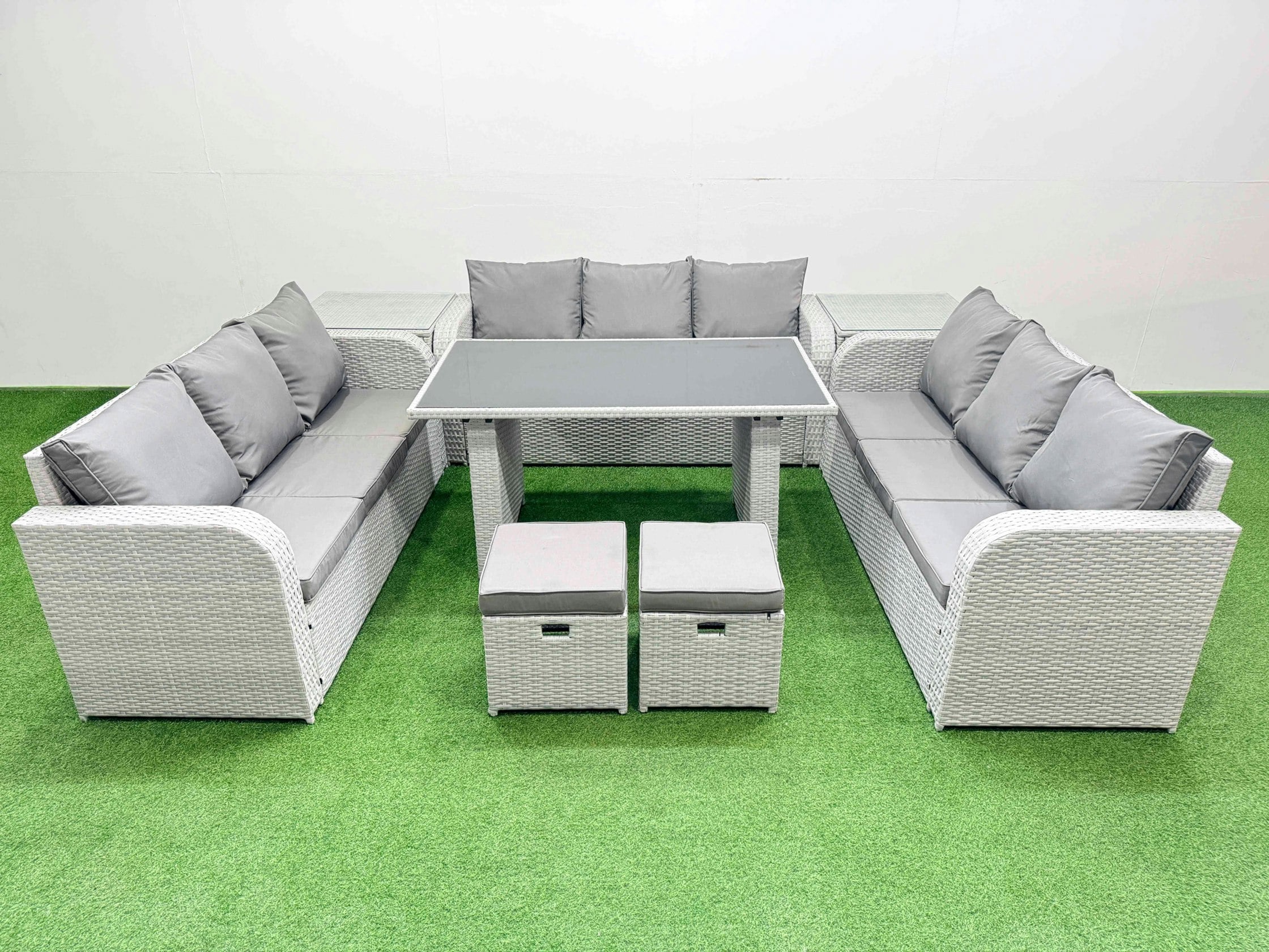Rackhams Black/Light/Grey Patio Garden Furniture Sets With Glass Top Dining Table 3 Seater Sofa 2 Side Tables 2 Small Stool