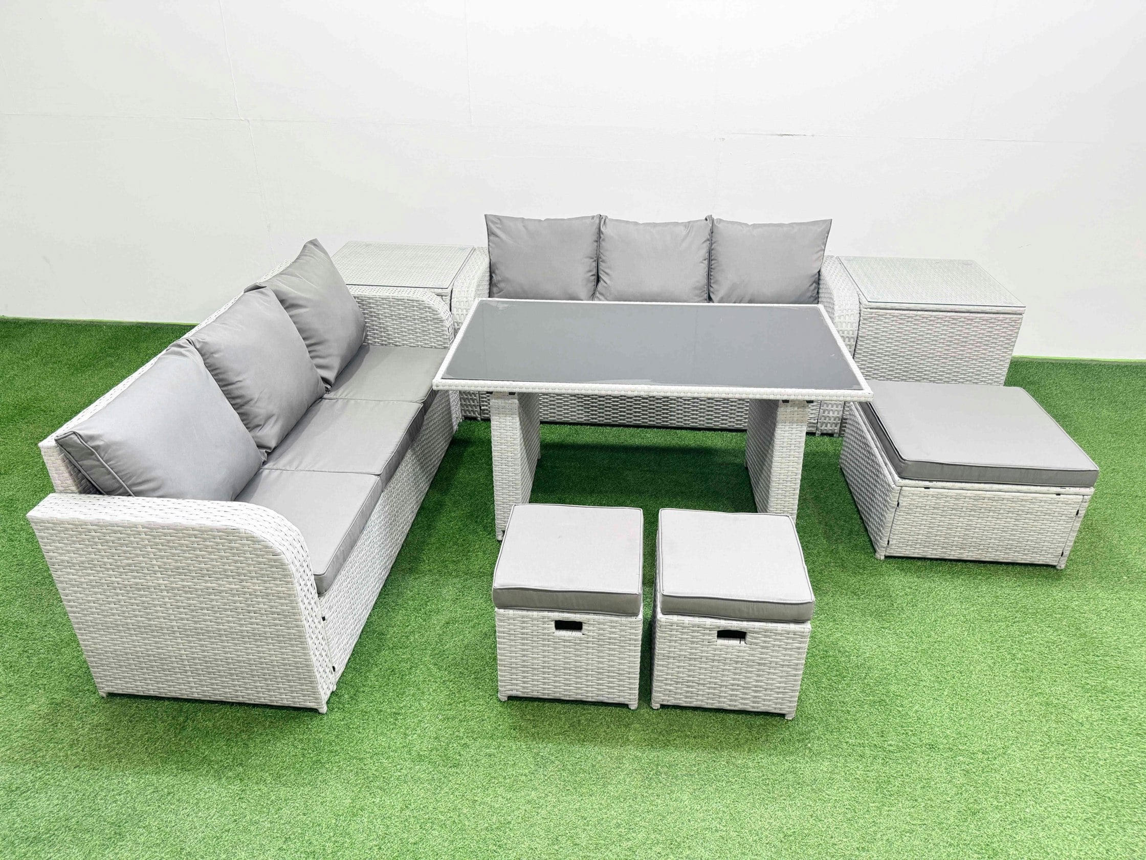 Fimous Light/Grey 9 Seater Rattan Outdoor Dining Table 3 Seater Sofa Set With 2 Side Tables 3 Stools