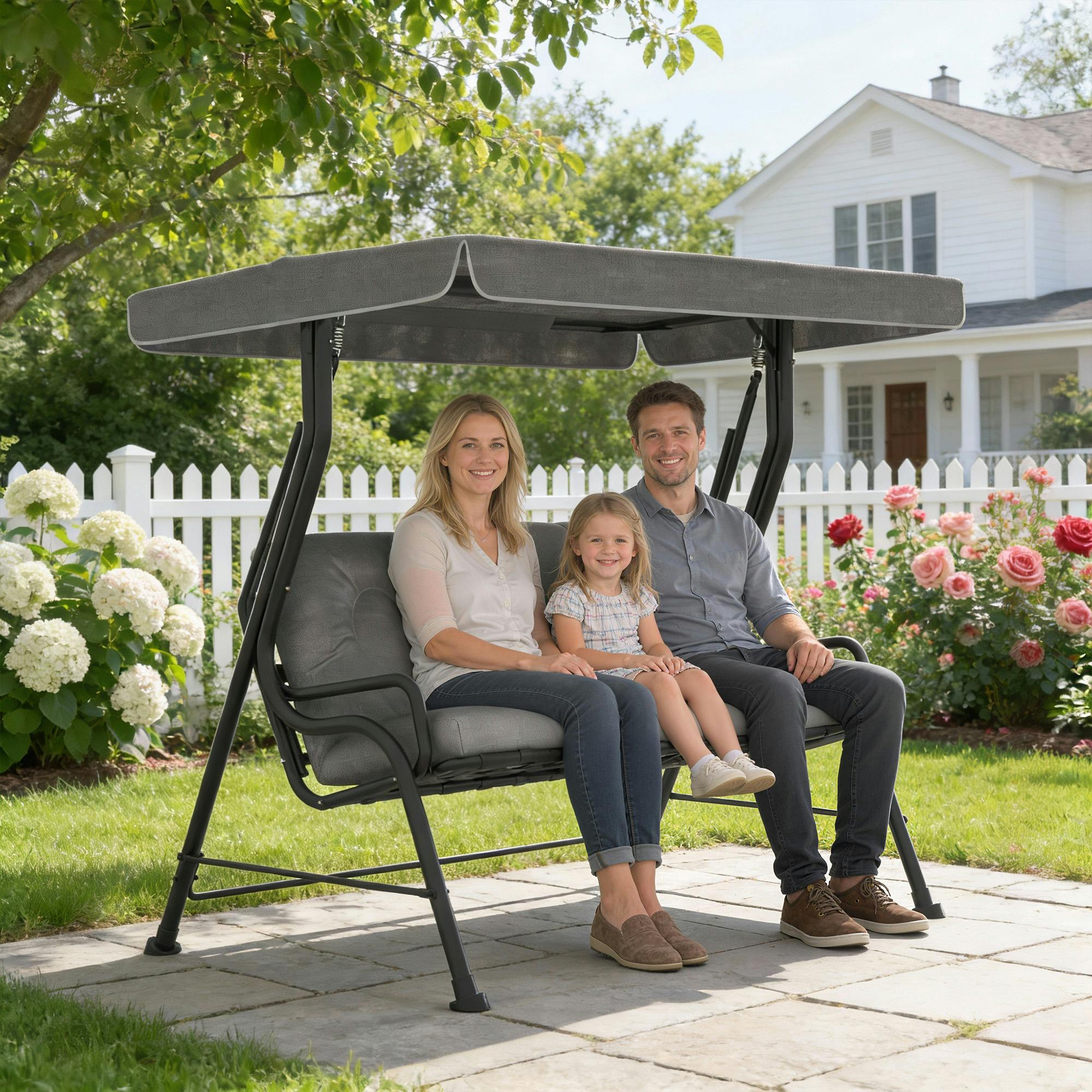 Rackhams Grey/Light 3-Seater Garden Swing Seat, Outdoor Swing Chair With Canopy, - 1 - Garden Swing Chair
