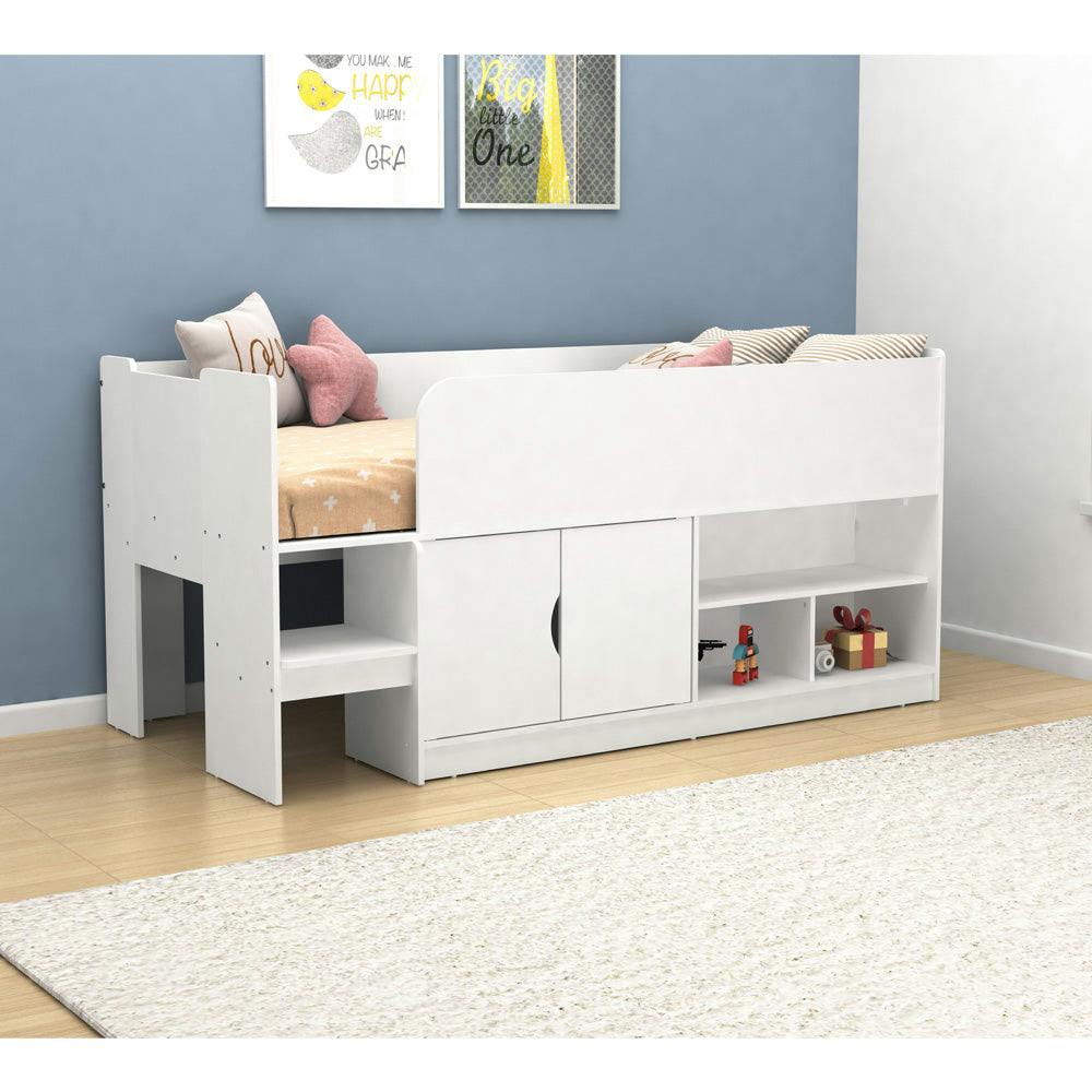 Kudlhome White Single Storage Mid Sleeper With Cupboard & Shelves - Single - Single