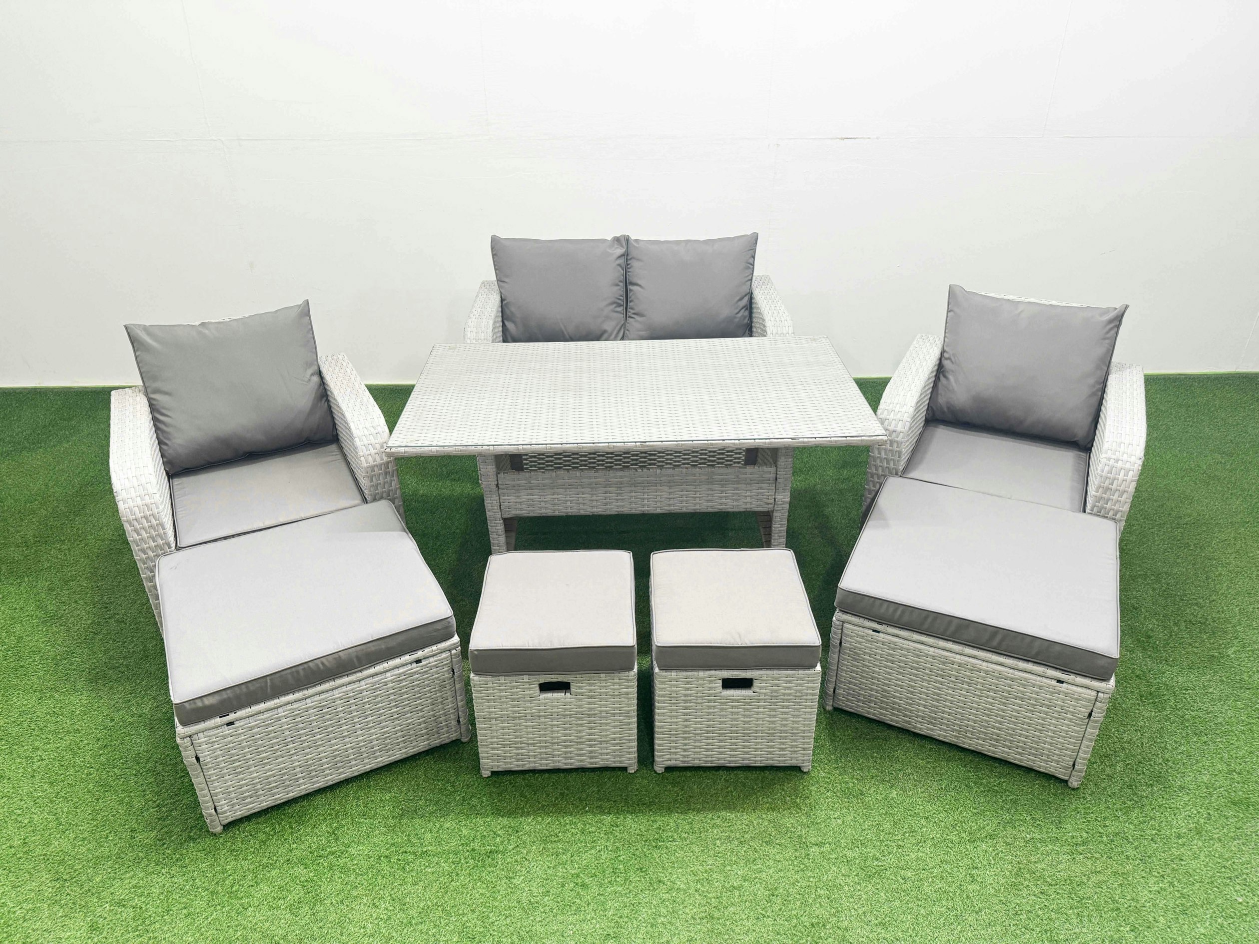 Rackhams Light/Grey Pe Rattan Lounge Sofa Set 8 Seater Outdoor Garden Furniture Set With Dining Table Love Sofa 2 Big Footstools 2 Side Tables