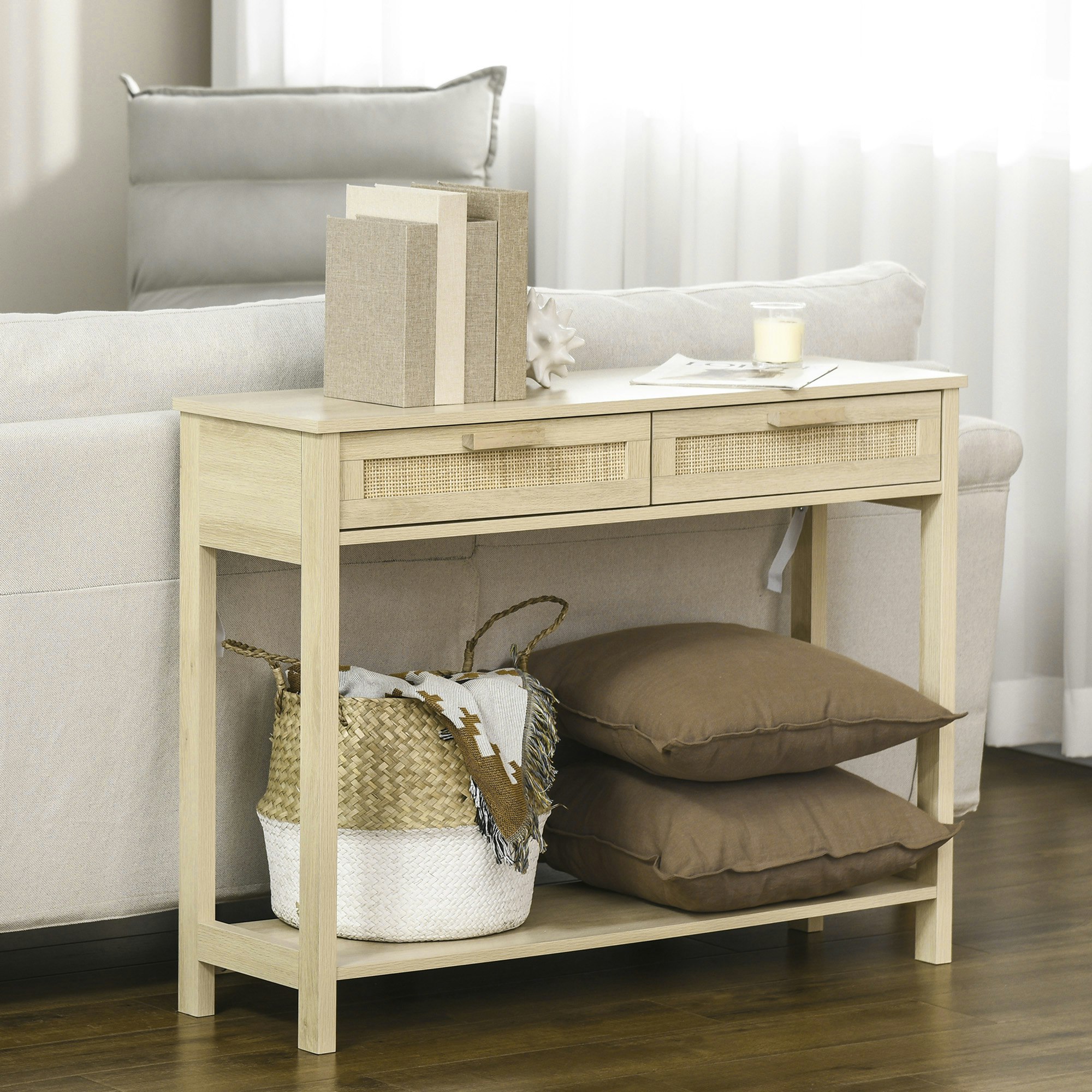 Rackhams Console Table W/ Storage Shelf 2 Drawers For Entryway Bedroom Natural