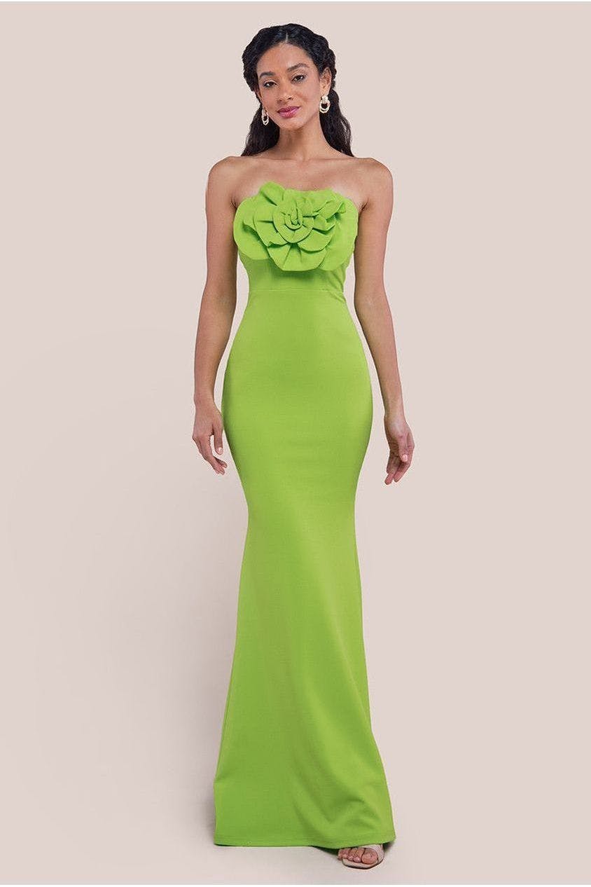 Goddiva Green Scuba Crepe Bandeau Rose Maxi Dress - Lime By - Lime - 18