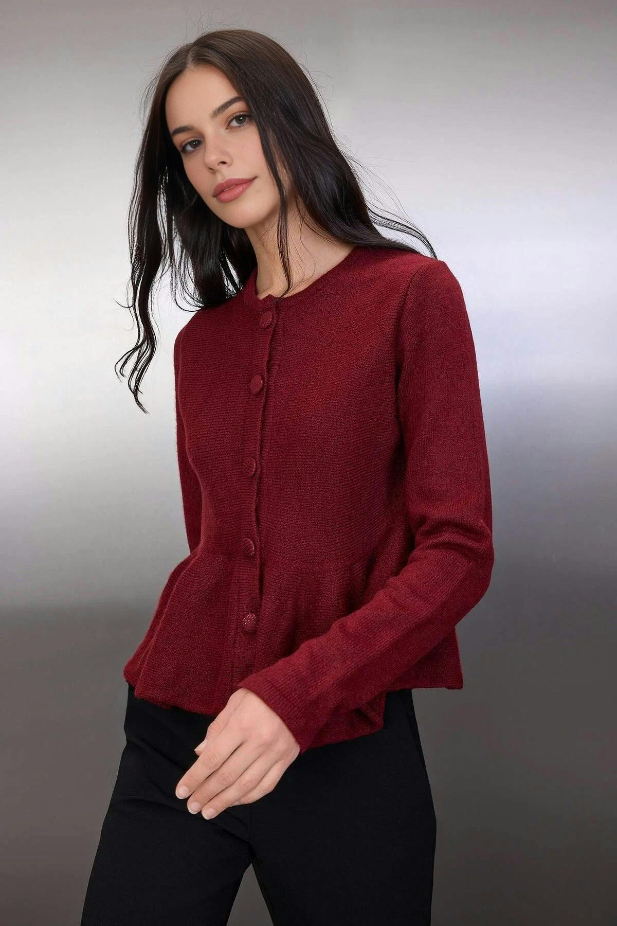 Wovcor Burgundy Crew Neck Flounced Hem Knit Cardigan - M